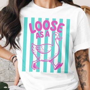 Loose as a Goose T-Shirt, Funny Duck Graphic Tee, Quirky Animal Lover Gift, Retro Pink Teal Striped Design, Humorous Saying Shirt