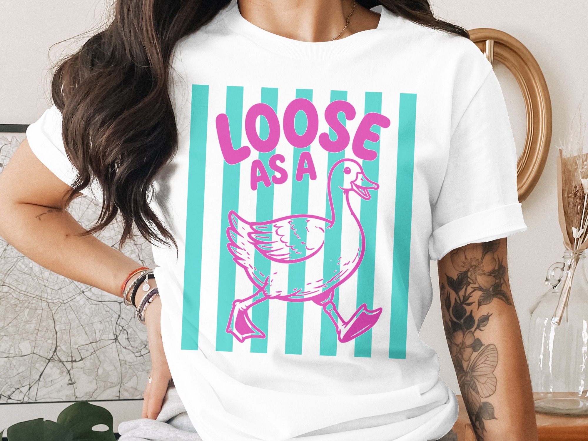 Loose as a Goose T-Shirt, Funny Duck Graphic Tee, Quirky Animal Lover Gift, Retro Pink Teal Striped Design, Humorous Saying Shirt