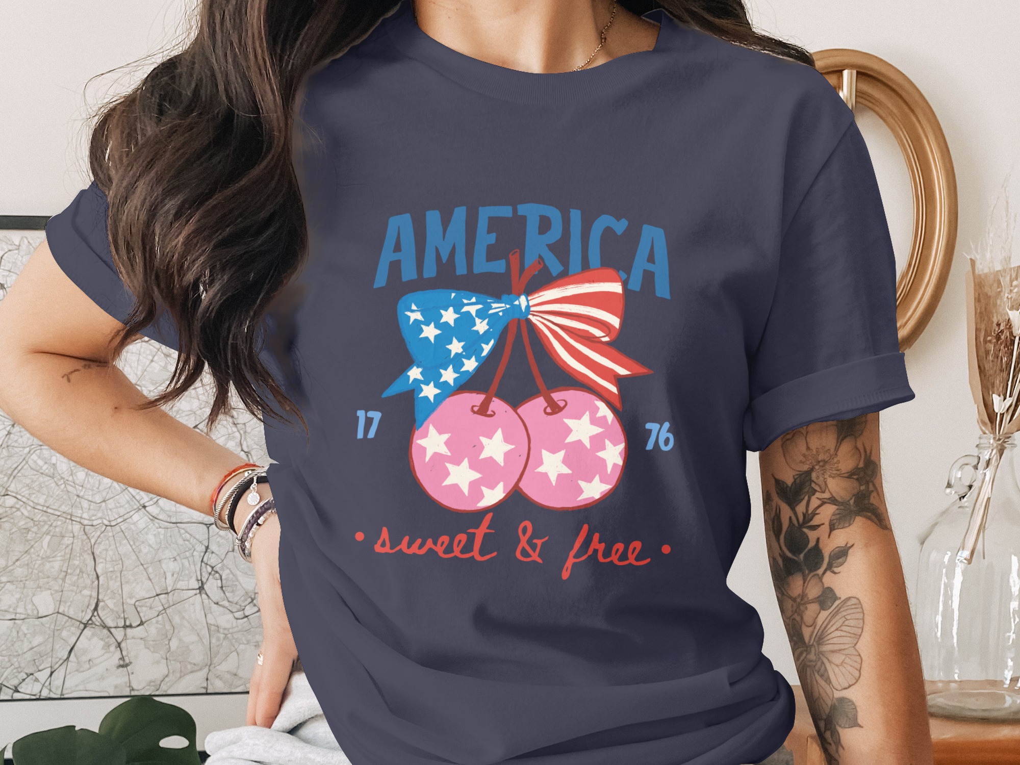 America Sweet & Free T-Shirt, Patriotic Cherry Bow Tee, Fourth of July Vintage Style Shirt, USA Flag Summer Graphic Tee Gift for Her - Image 3