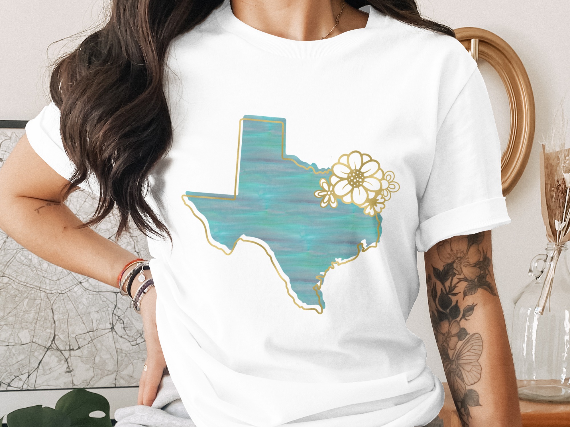 Texas Watercolor T-Shirt | Faux Gold Floral Texas Tee | Boho Texas State Pride Shirt for Her | Aesthetic Texan Gift