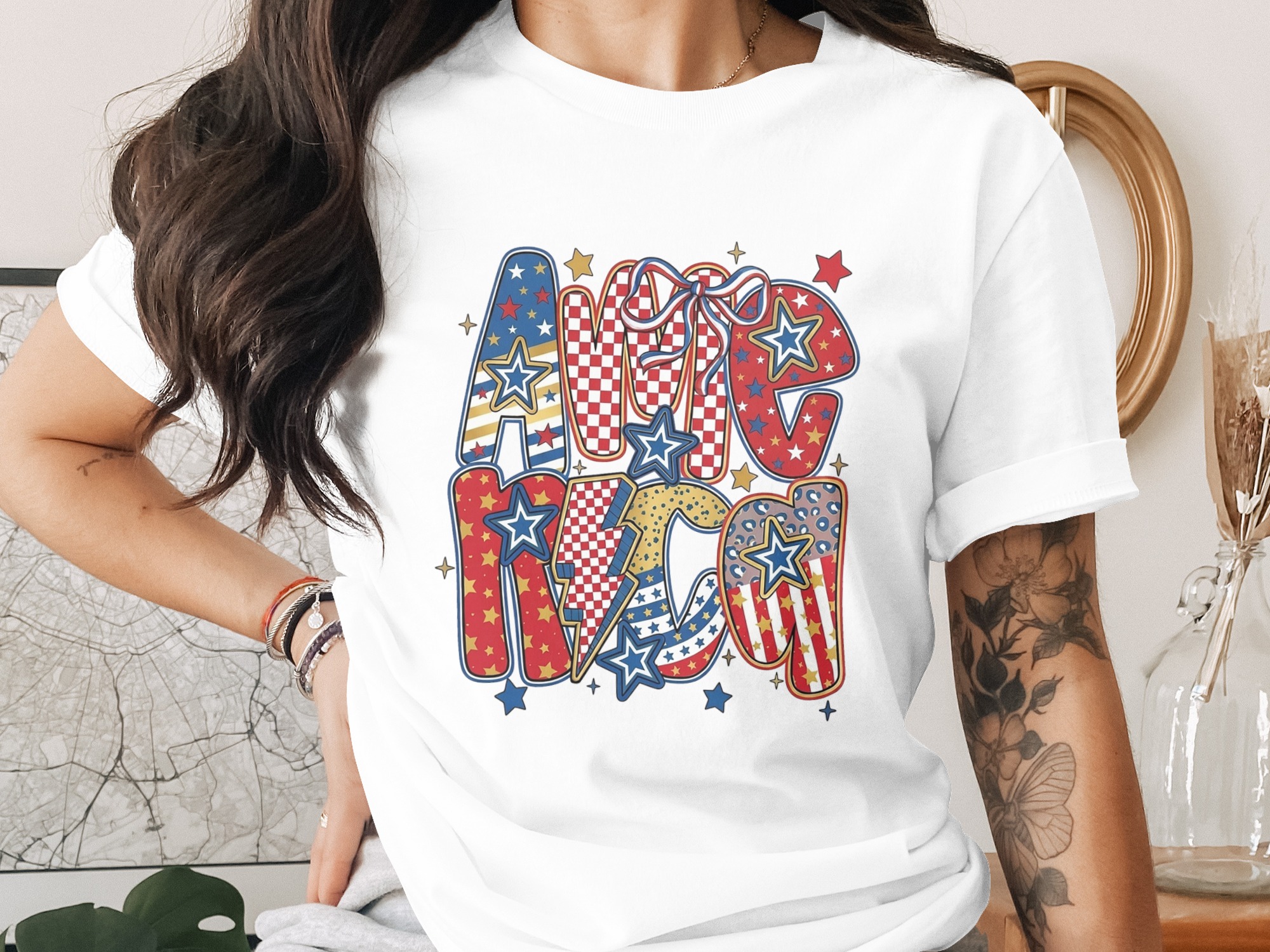 America T-Shirt, Patriotic 4th of July Tee, USA Flag Red White Blue Top, Western Boho Celebration Graphic Shirt