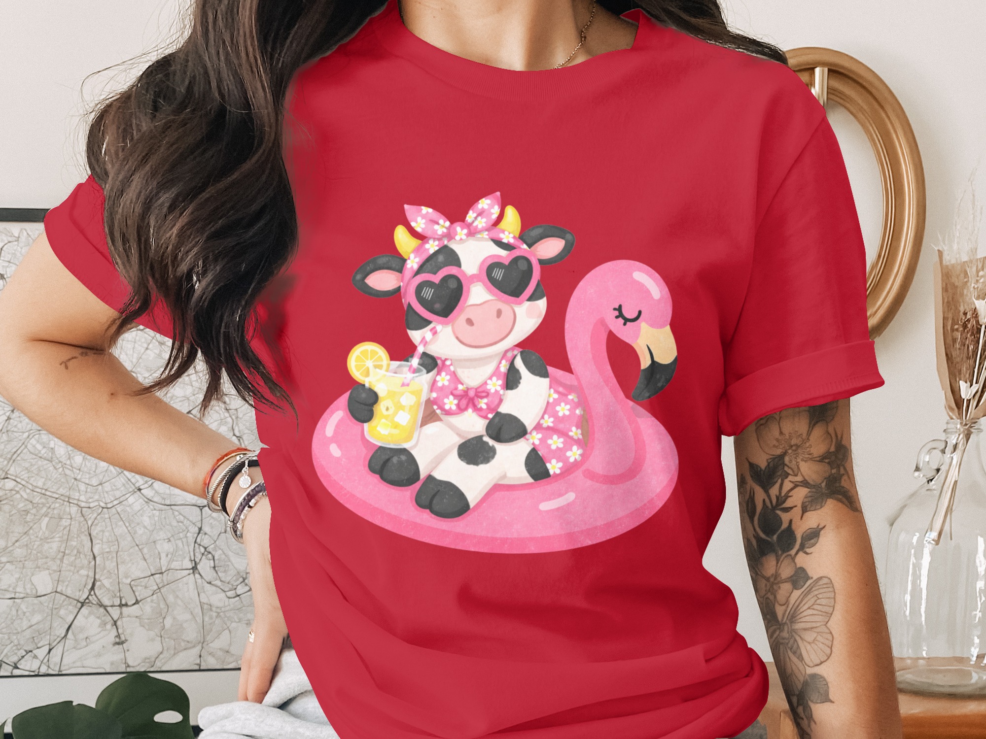 Summer Cow Flamingo Float T-Shirt - Image 2