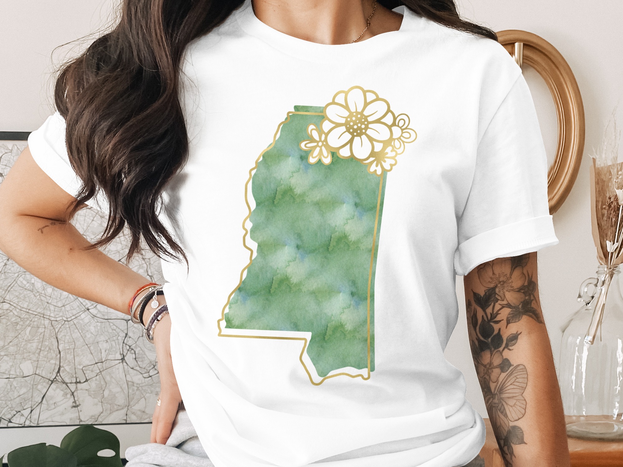 Mississippi State Flower T-Shirt, Faux Gold Print Mississippi Tee, Watercolor Mississippi Shirt, Southern Charm Apparel Gift