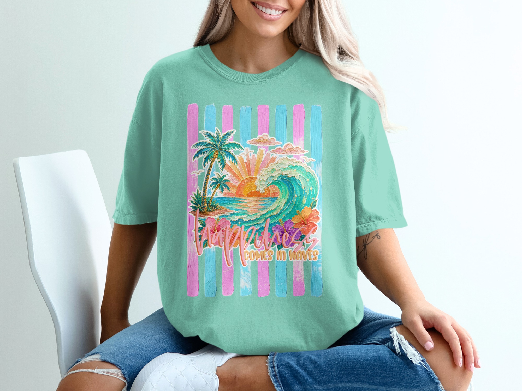 Comfort Colors ® Happiness Comes in Waves T-Shirt, Tropical Sunset Beach Wave Graphic Tee, Vacation Shirt, Ocean Lover Gift for Her, Summer - Image 10
