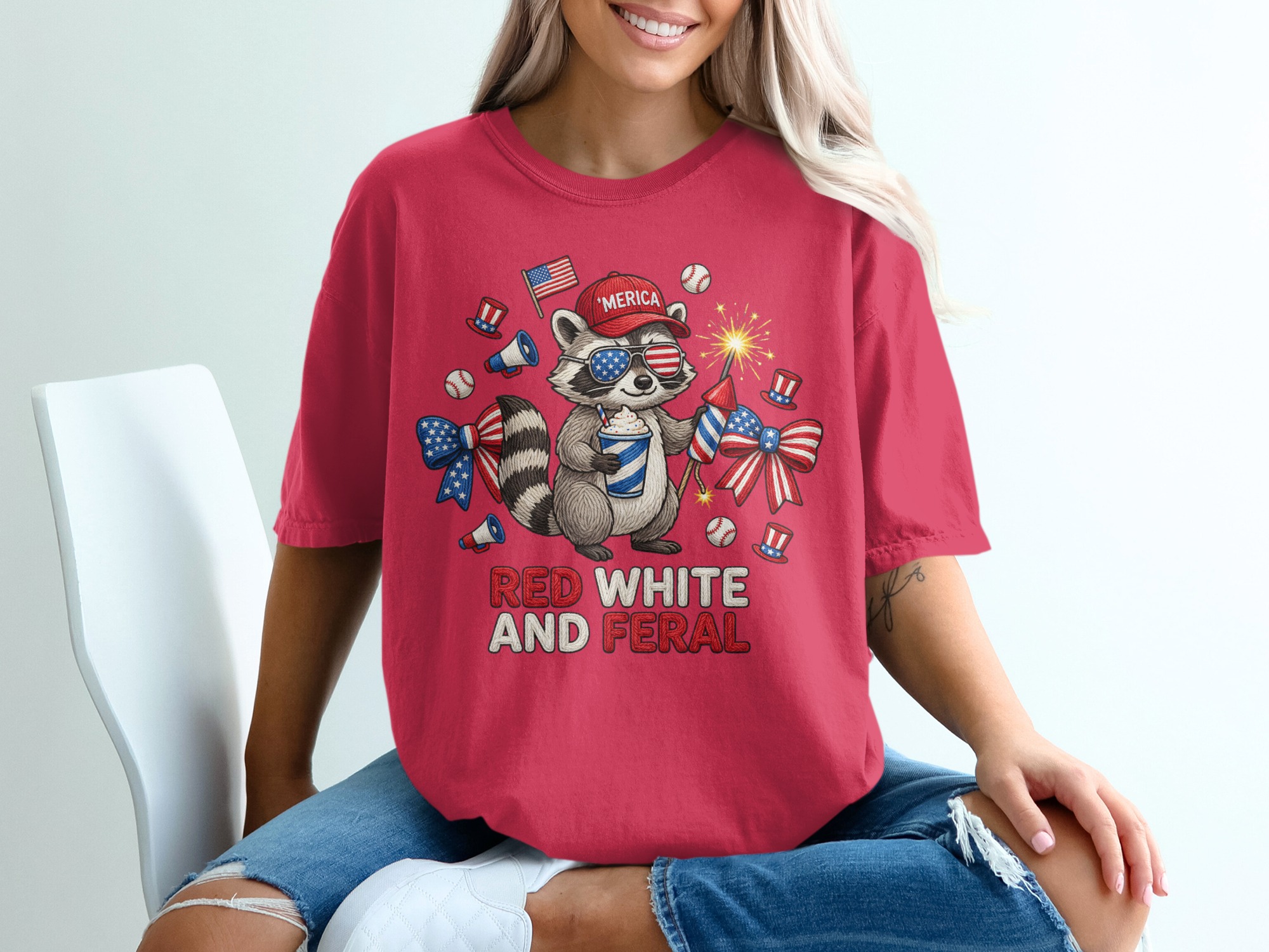 Red White and Feral Raccoon T-Shirt, Funny 4th of July Patriotic America Tee, Independence Day Party Animal Lover Gift - Image 14