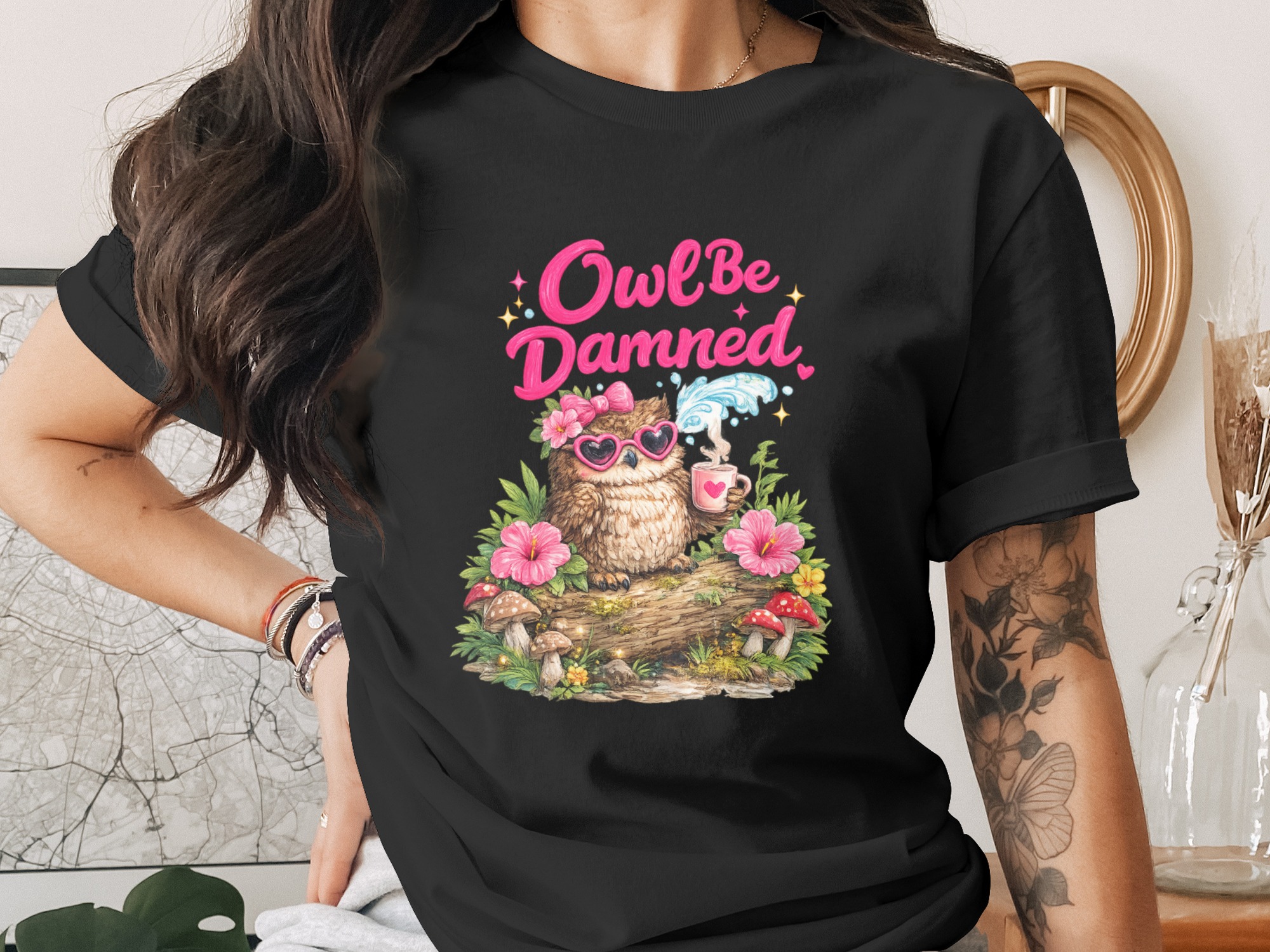 Funny Owl Digital Design PNG, 'Owl Be Damned' Sarcastic Woodland Coffee Art Clipart, Cute Animal Lover Gift Printable - Image 2