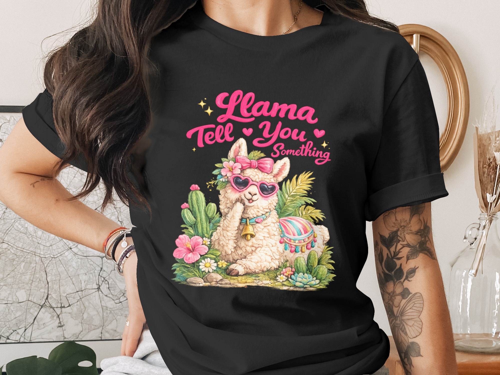 Llama Tell You Something PNG Digital Download | Cute Watercolor Llama Sublimation Design with Heart Sunglasses & Floral Accents, Printable - Image 2