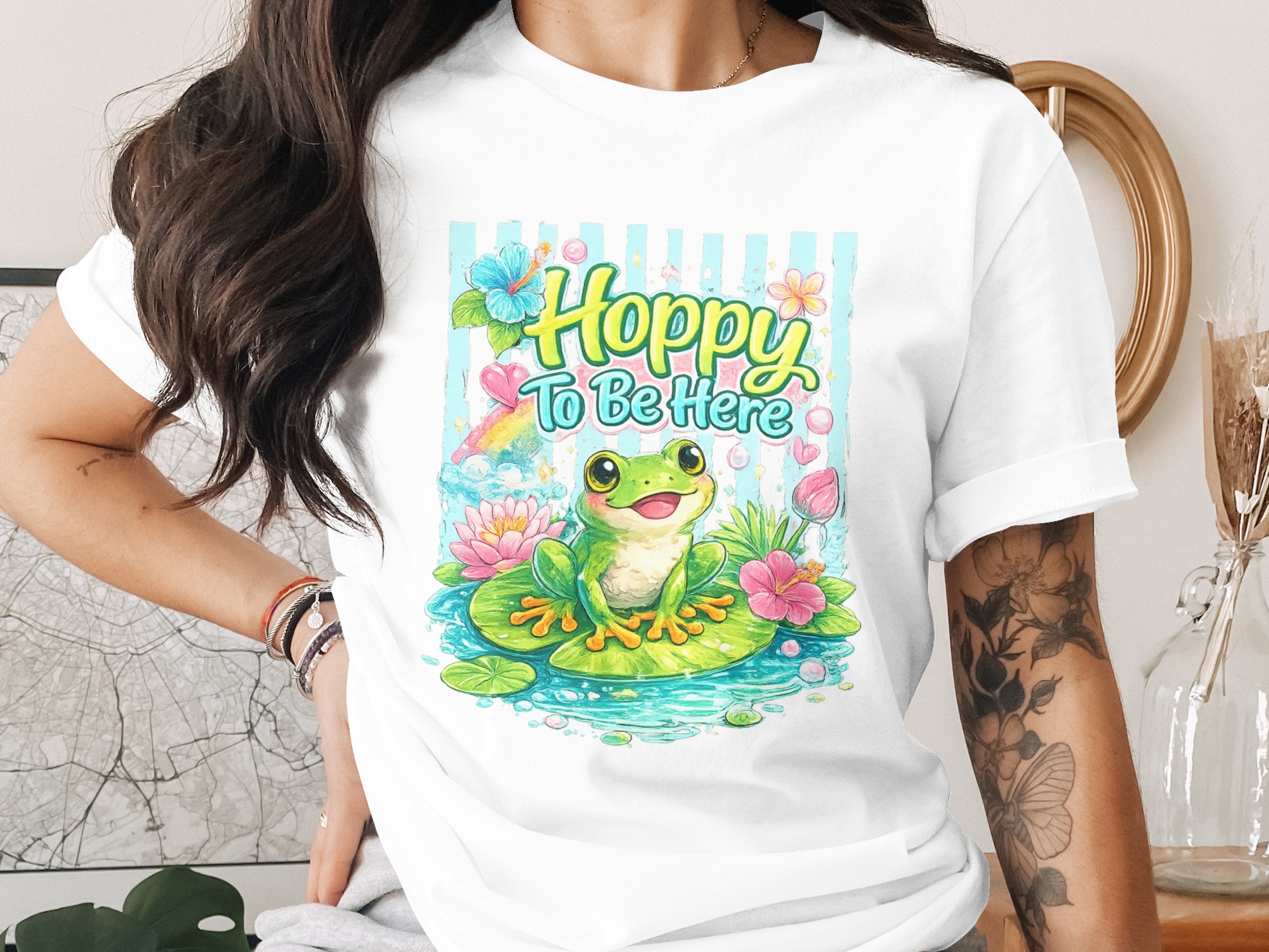 Hoppy To Be Here Frog PNG Digital Art | Cute Whimsical Pond Life Print | Cottagecore Aesthetic Happy Vibe Illustration