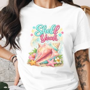 Shell Yeah Digital PNG, Vibrant Conch Shell Art, Beachy Summer Vacation Graphic, Tropical Hibiscus Starfish Sublimation Design File