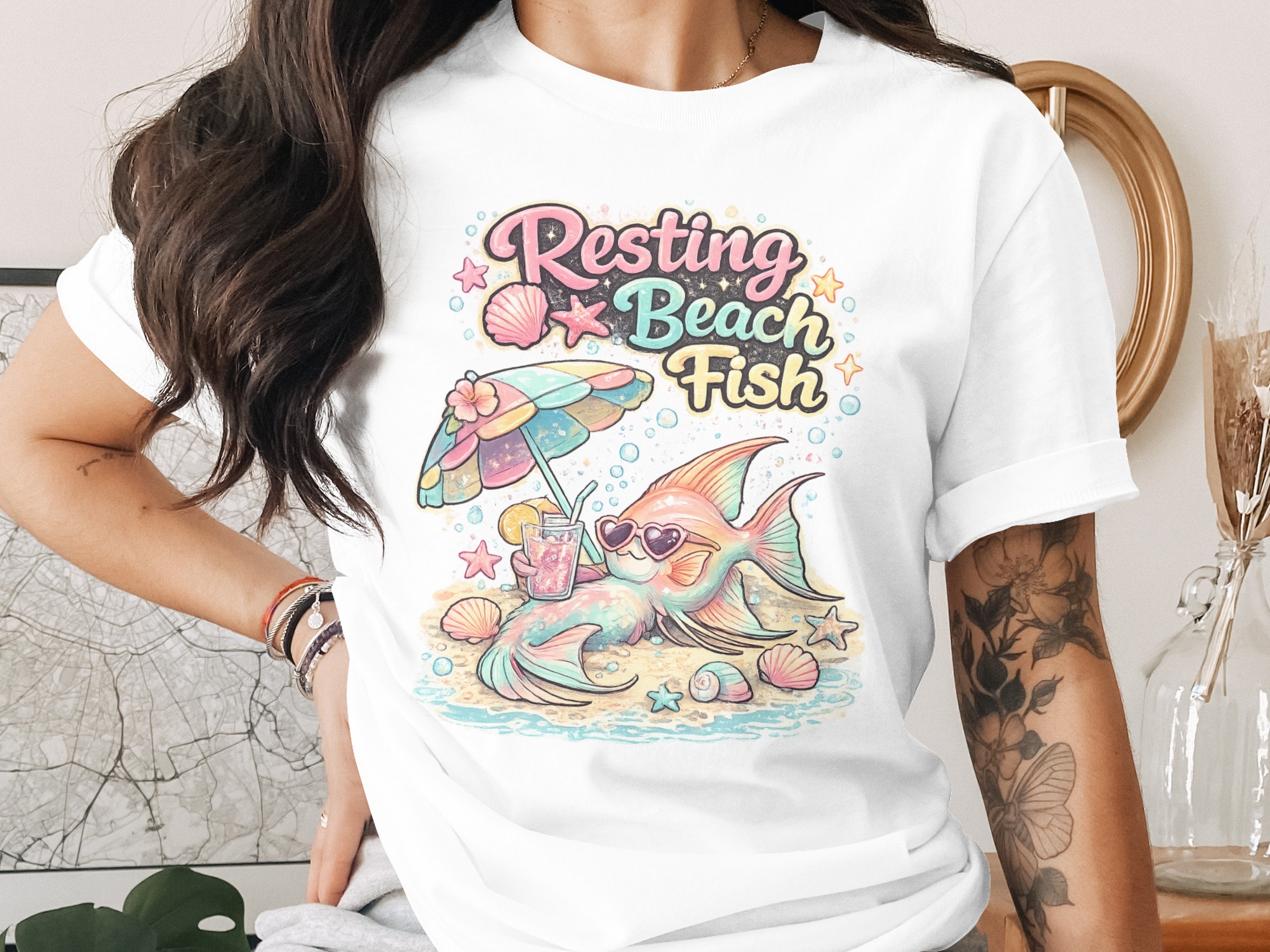 Resting Beach Fish Digital Design PNG, Funny Summer Vacation Coastal Art, Cute Ocean Life Clipart, Pastel Beach Vibe T-Shirt Sublimation