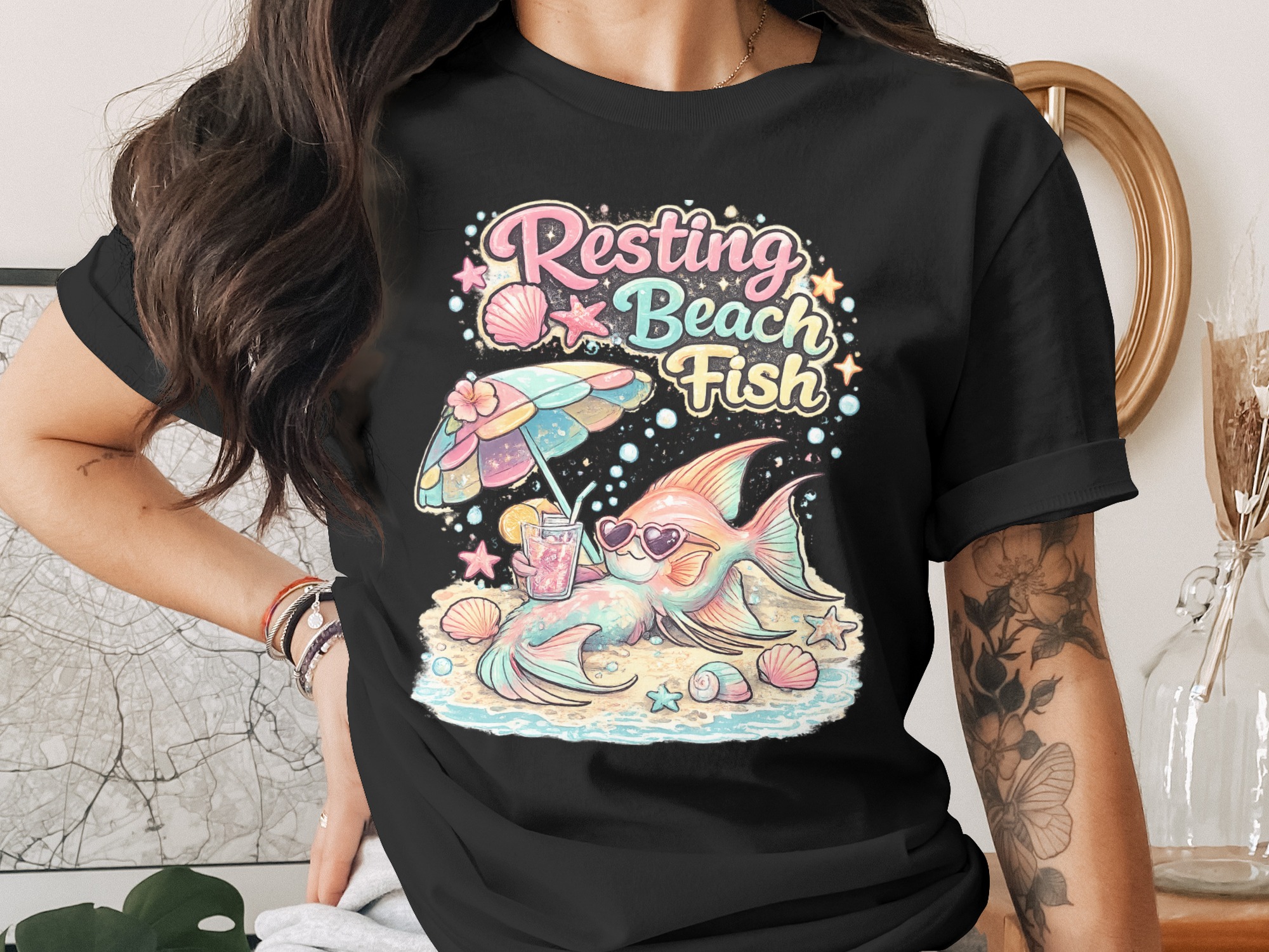 Resting Beach Fish Digital Design PNG, Funny Summer Vacation Coastal Art, Cute Ocean Life Clipart, Pastel Beach Vibe T-Shirt Sublimation - Image 2