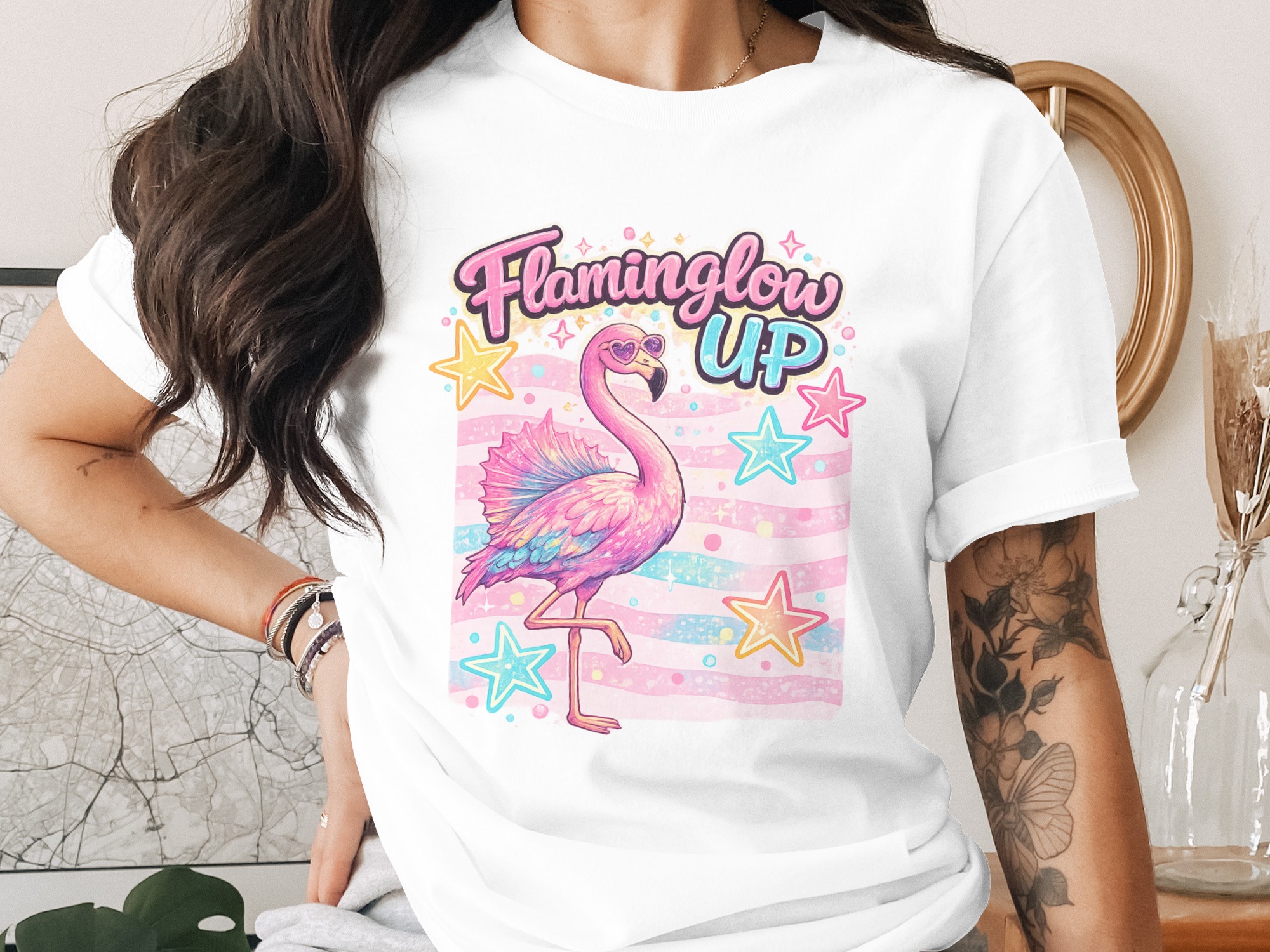 Flaminglow Up Digital PNG Design | Cute Flamingo with Heart Sunglasses | Y2K Aesthetic Graphic for T-Shirts & More | Fun Tropical Vibe
