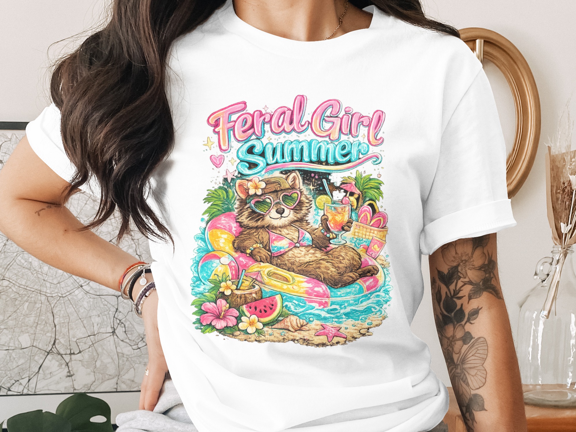 Feral Girl Summer Raccoon Digital Download PNG for Sublimation, T-Shirts, Tumblers, Crafts, Beach Vibes Summer Vacation Art