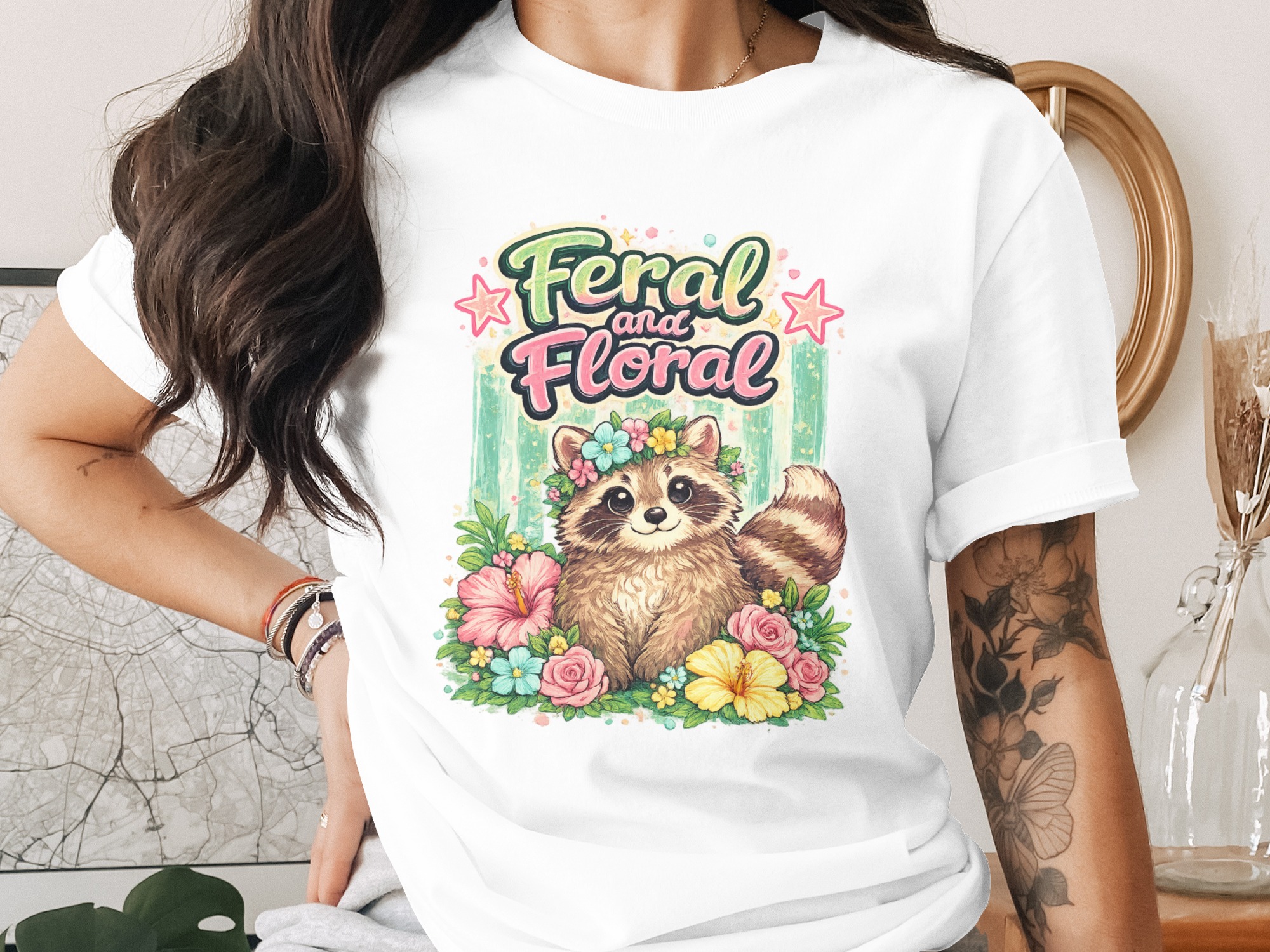 Feral and Floral Raccoon PNG Digital Download | Cute Animal Sublimation Design | Whimsical Nature Art for Shirts, Mugs, & Gifts