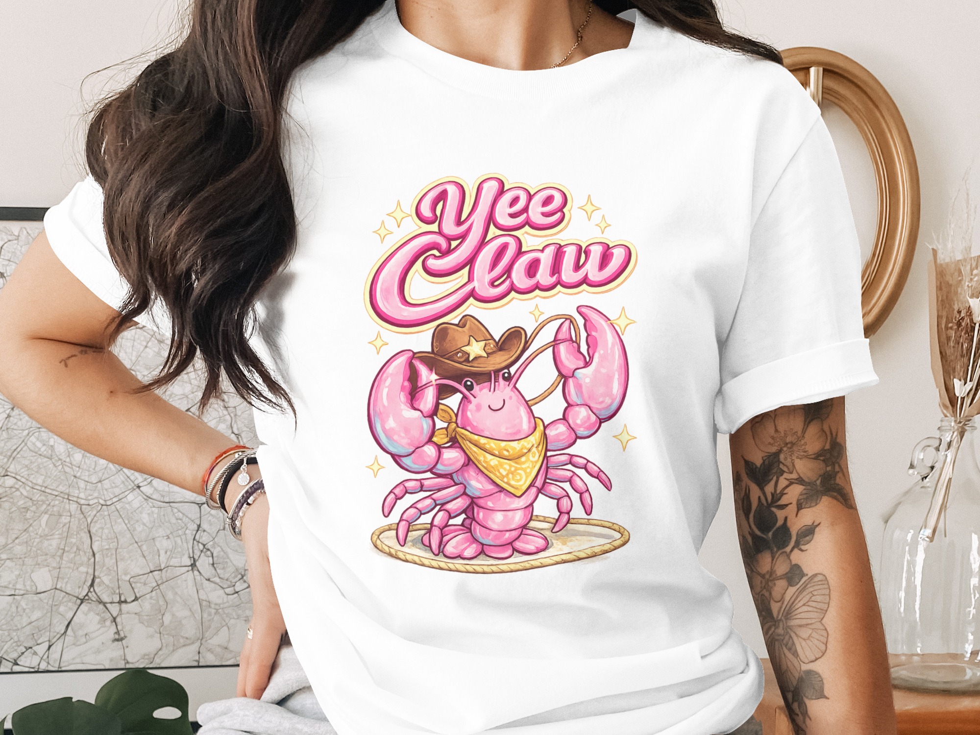 Yee Claw Lobster Cowboy Hat Digital PNG, Coastal Cowgirl Design, Funny Western Rodeo Crab Shirt Art, Pink Ocean Graphic PNG