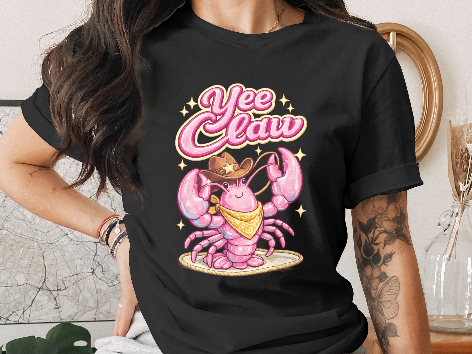 Yee Claw Lobster Cowboy Hat Digital PNG, Coastal Cowgirl Design, Funny Western Rodeo Crab Shirt Art, Pink Ocean Graphic PNG - Image 2