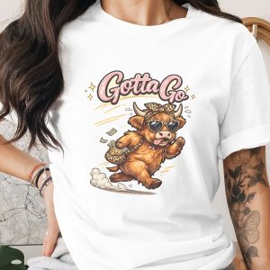 Highland Cow Gotta Go PNG Digital File | Funny Running Cow Sublimation Design with Money Bag & Sunglasses Clipart for Trendy Animal Art