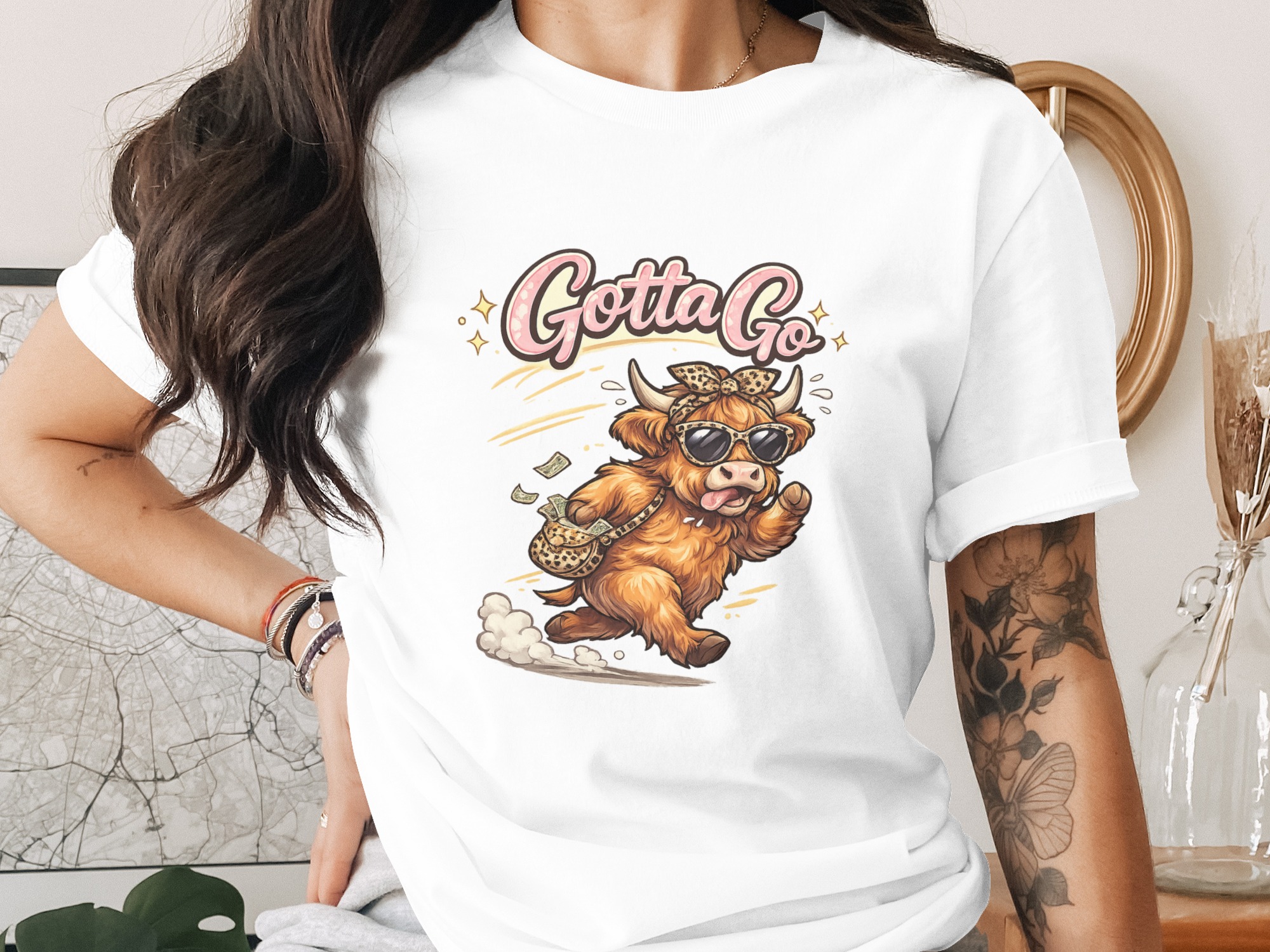 Highland Cow Gotta Go PNG Digital File | Funny Running Cow Sublimation Design with Money Bag & Sunglasses Clipart for Trendy Animal Art