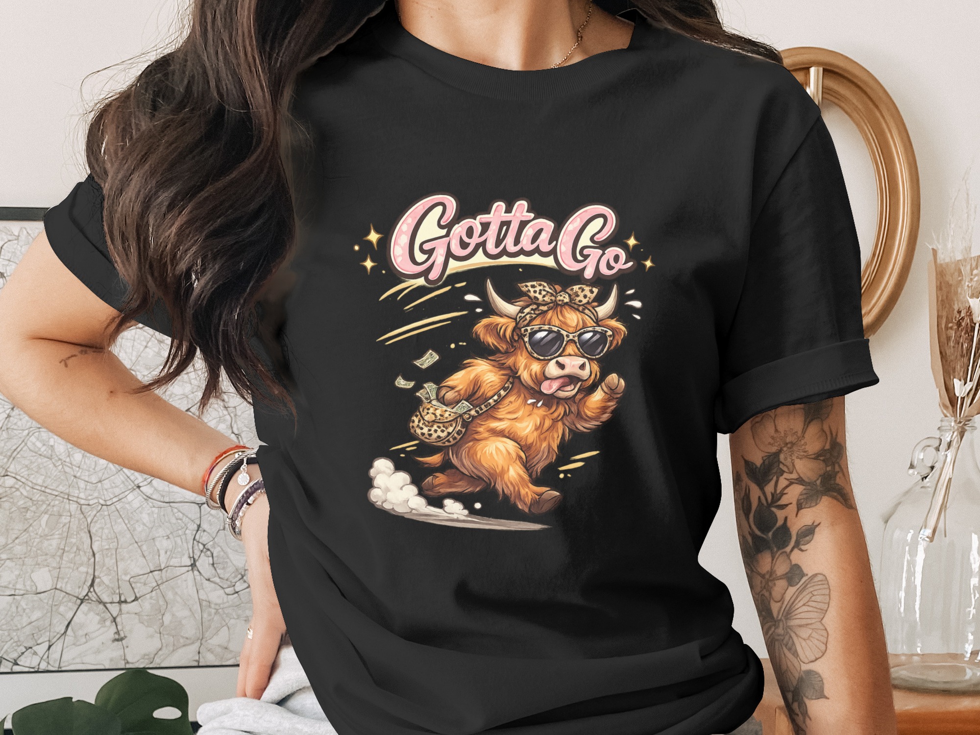 Highland Cow Gotta Go PNG Digital File | Funny Running Cow Sublimation Design with Money Bag & Sunglasses Clipart for Trendy Animal Art - Image 2