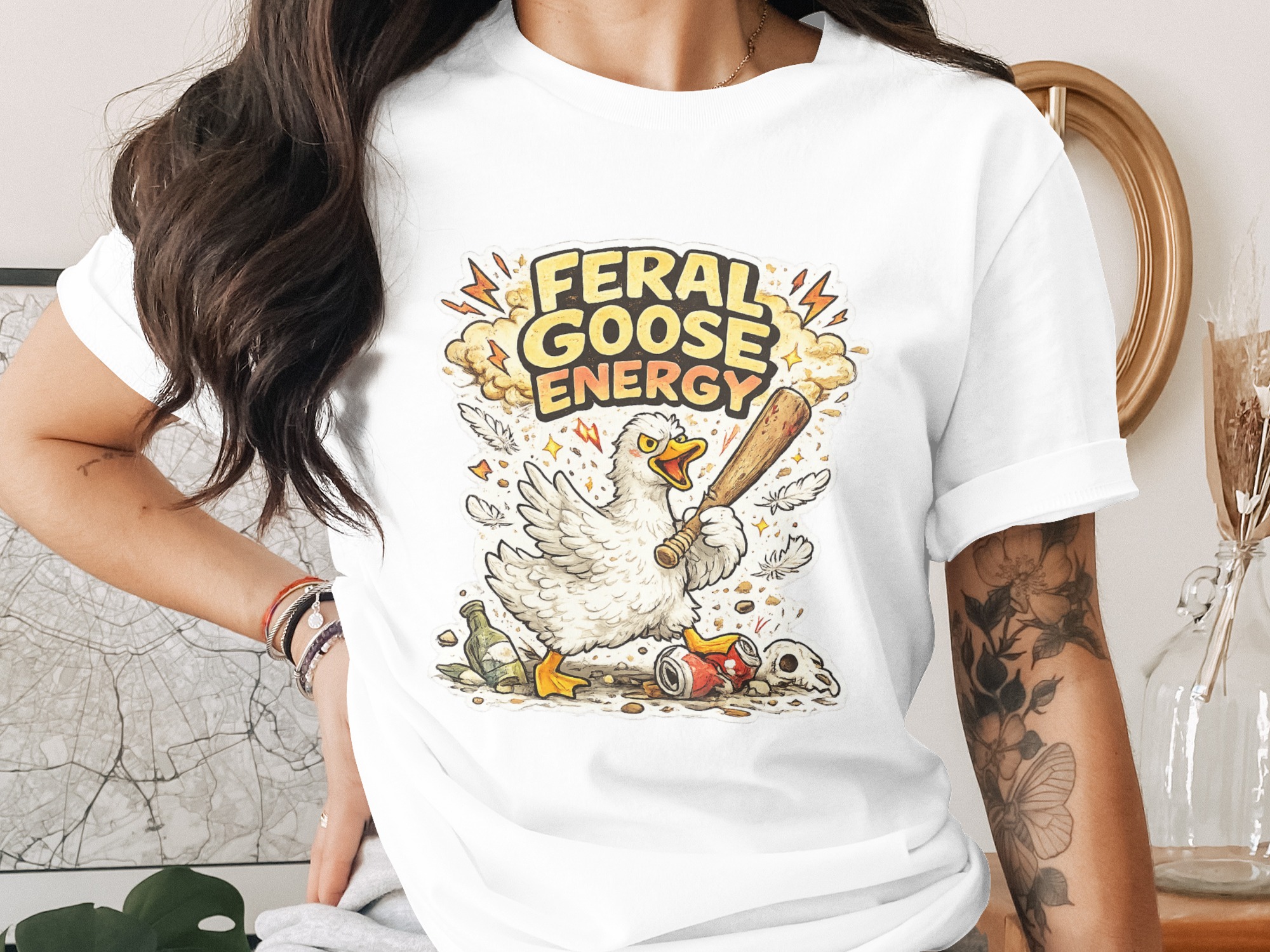 Feral Goose Energy Digital PNG Design | Funny Chaotic Goose with Baseball Bat Meme Art for Stickers, Shirts & Gifts