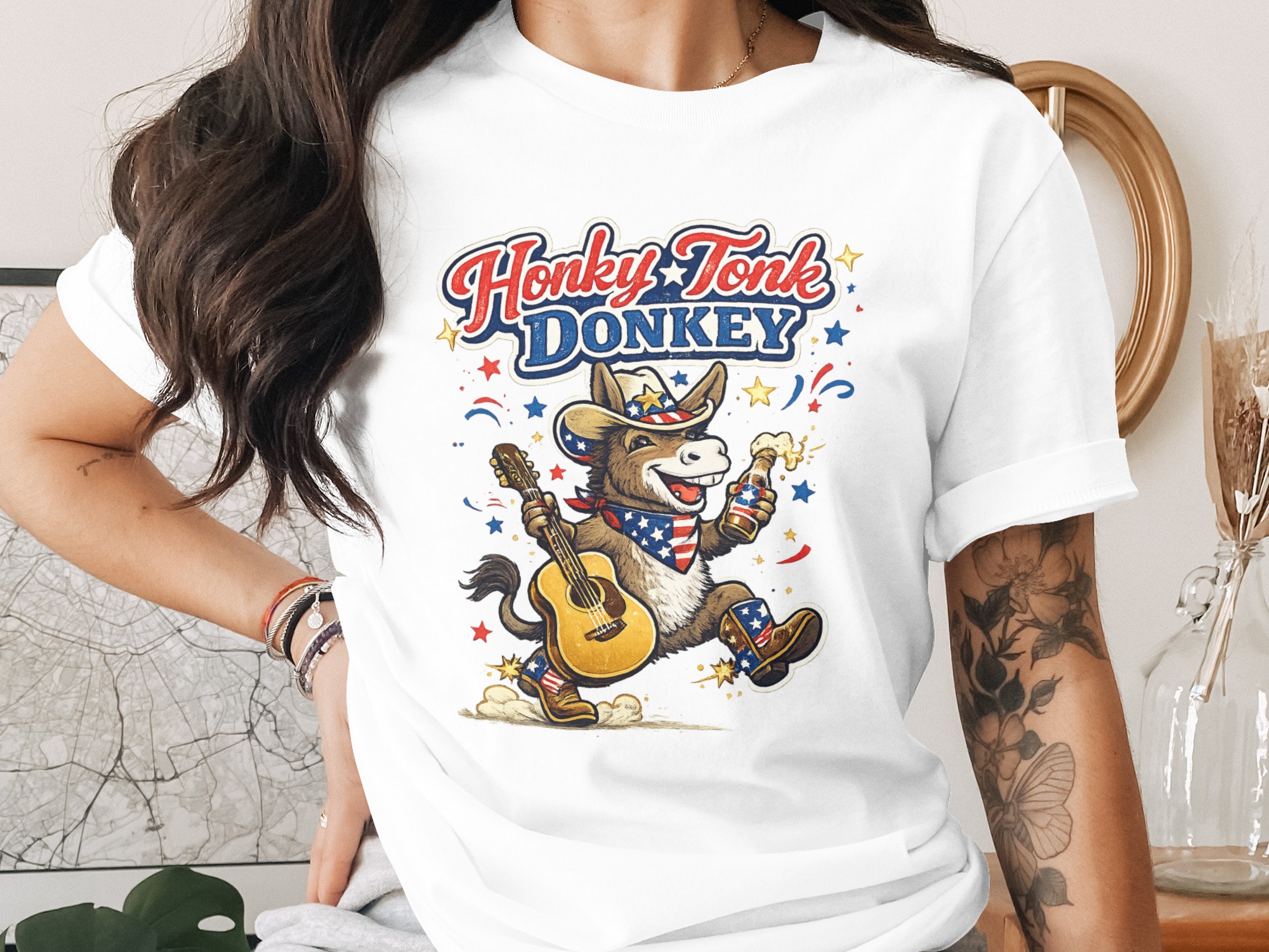 Honky Tonk Donkey PNG, Country Music Digital Download, Patriotic 4th of July Western Design, Beer Guitar Americana File