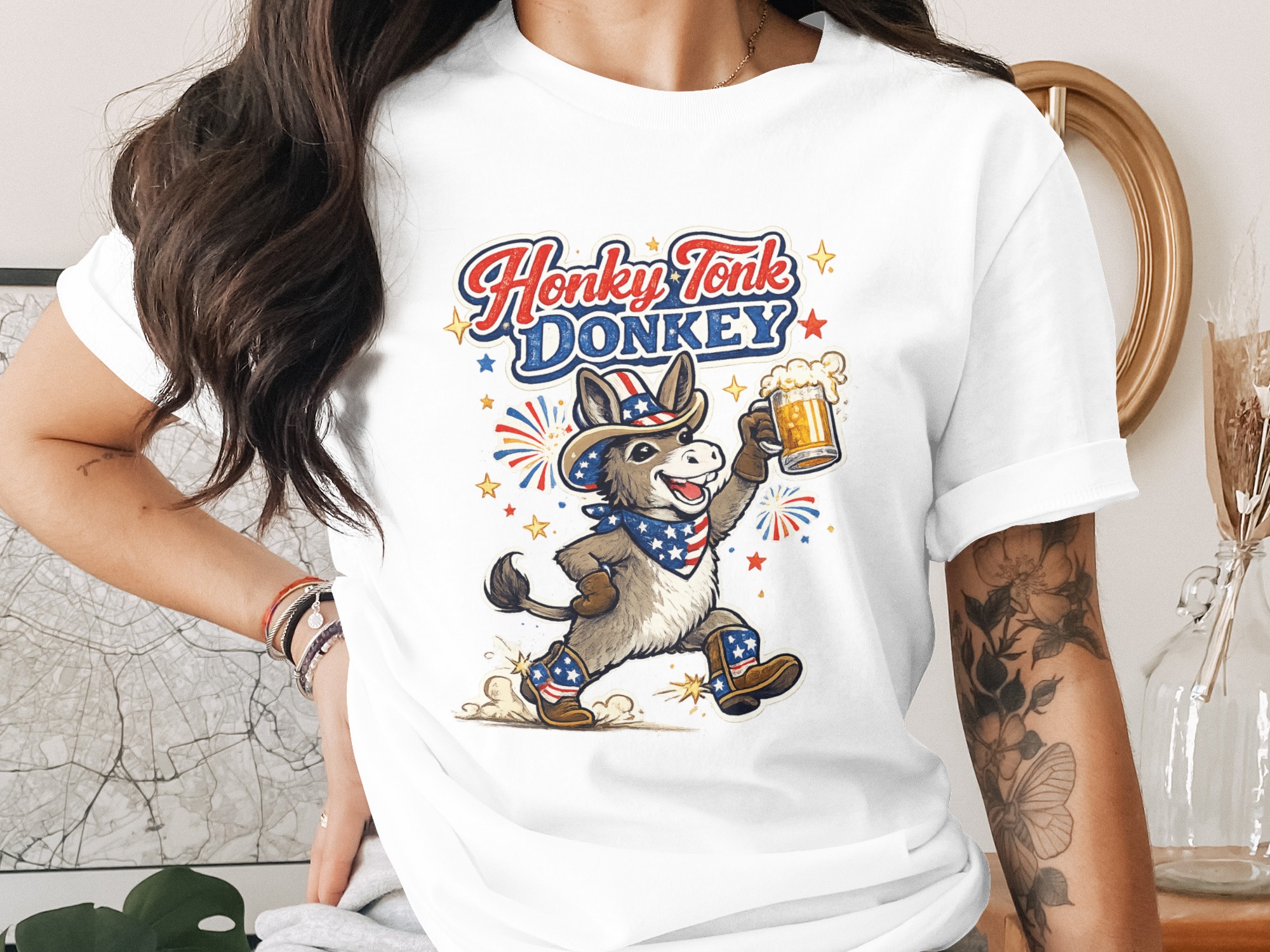 Honky Tonk Donkey PNG Digital Download, Patriotic Americana Country Beer Design, July 4th Sublimation File