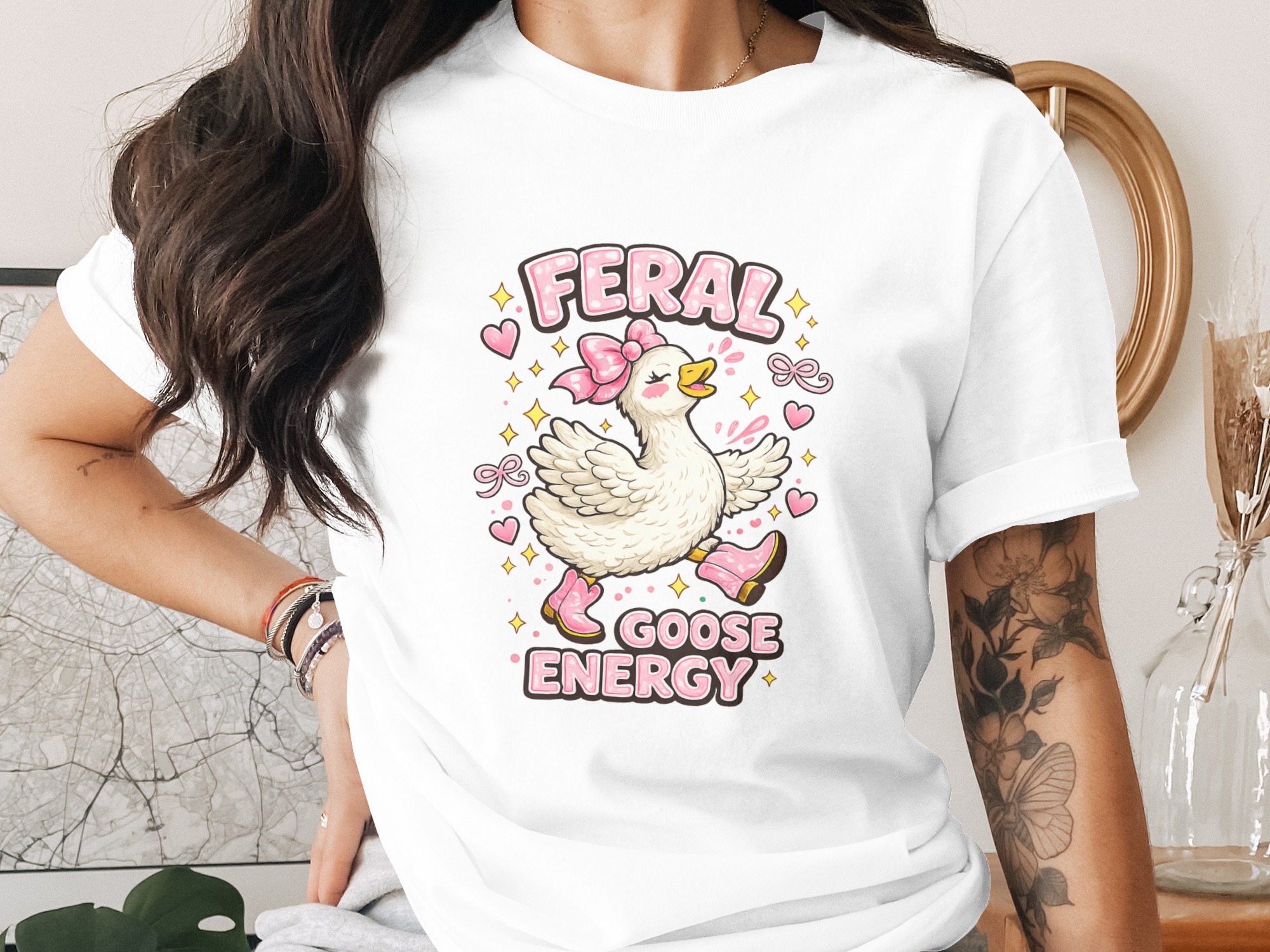 Feral Goose Energy PNG, Cute Pink Bow Goose Digital Design, Funny Animal Graphic for Crafts, Whimsical Duck Digital Download