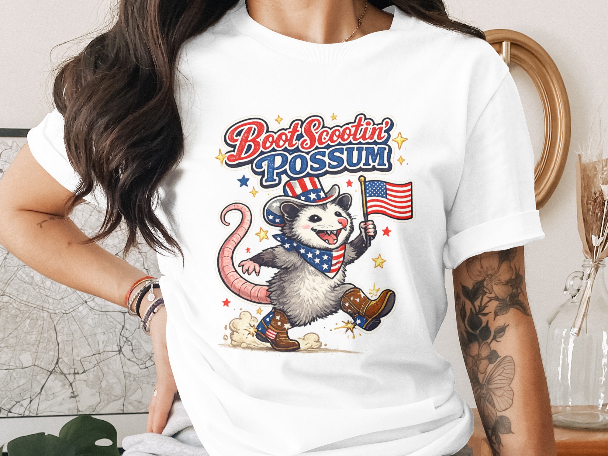Boot Scootin' Possum PNG, Patriotic American Flag Opossum Digital Download for 4th of July Sublimation Country Western Funny Animal Design