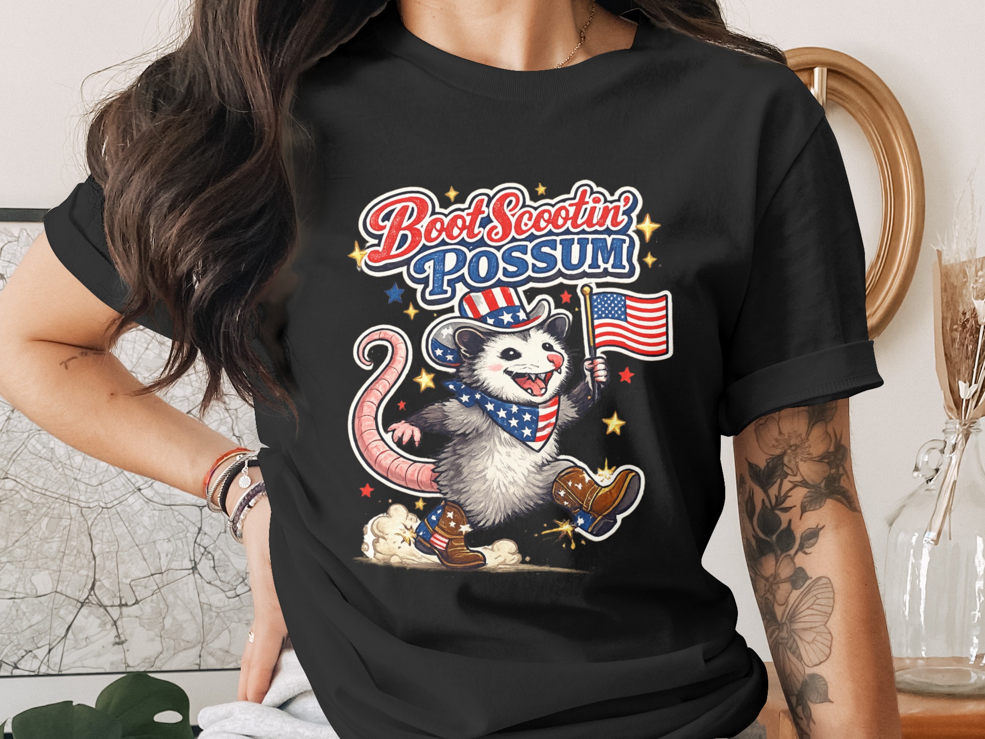 Boot Scootin' Possum PNG, Patriotic American Flag Opossum Digital Download for 4th of July Sublimation Country Western Funny Animal Design - Image 2