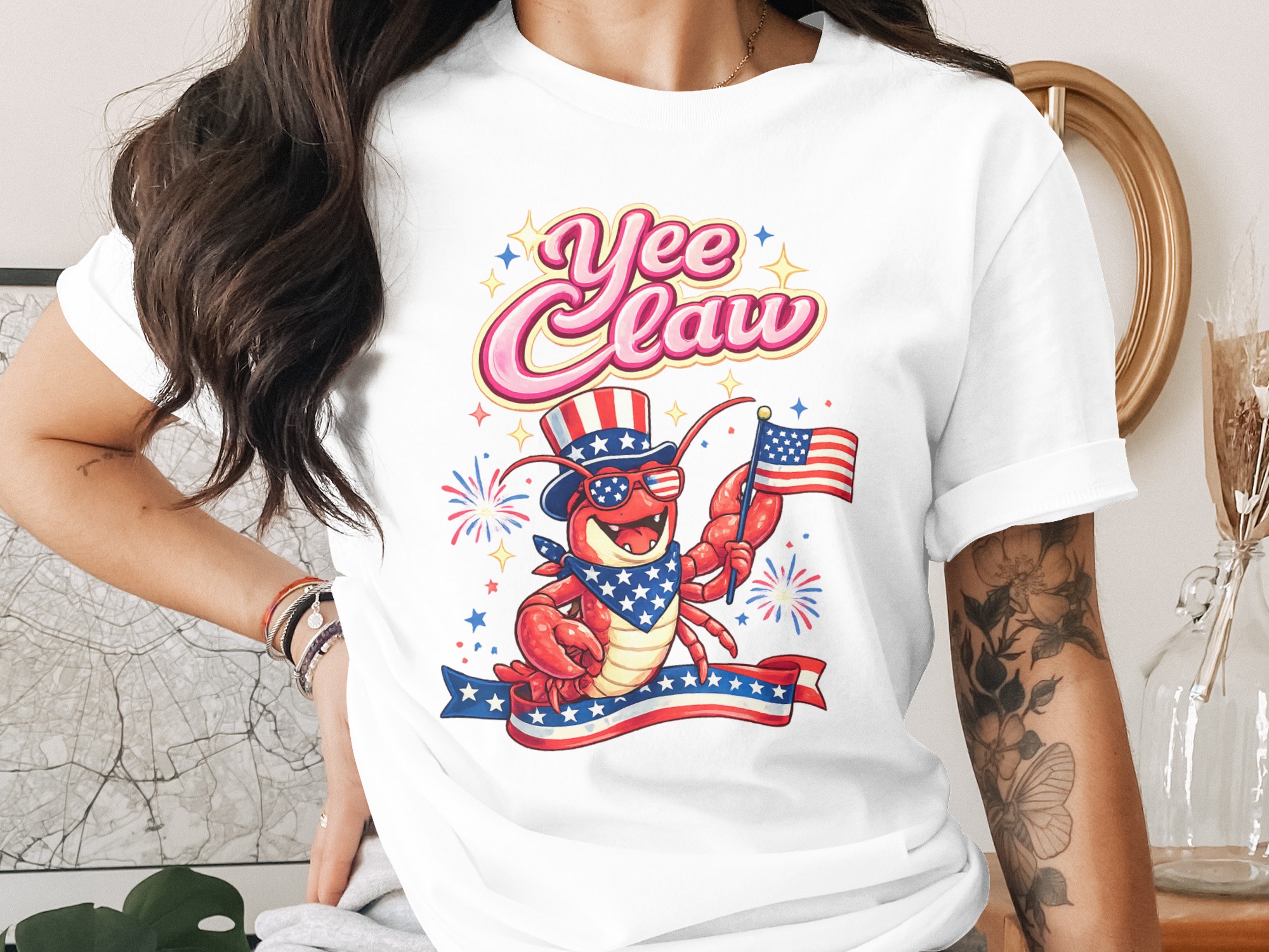 Yee Claw Patriotic Lobster Digital Download PNG, Funny 4th of July USA Flag Summer Celebration Graphic for Shirt Design