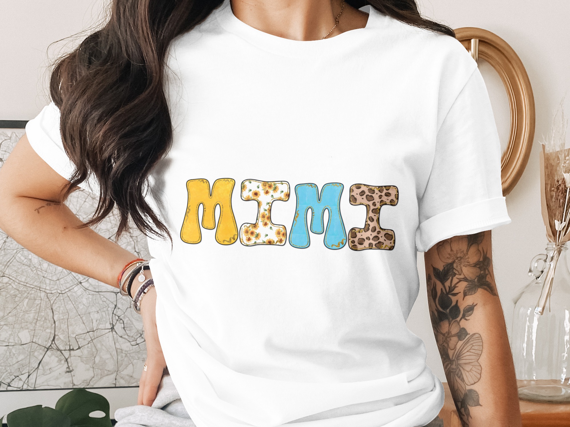 Mimi Digital PNG Sublimation Design | Grandmother Gift Idea, Sunflower Leopard Print Faux Gold Glitter Bubble Letters Watercolor