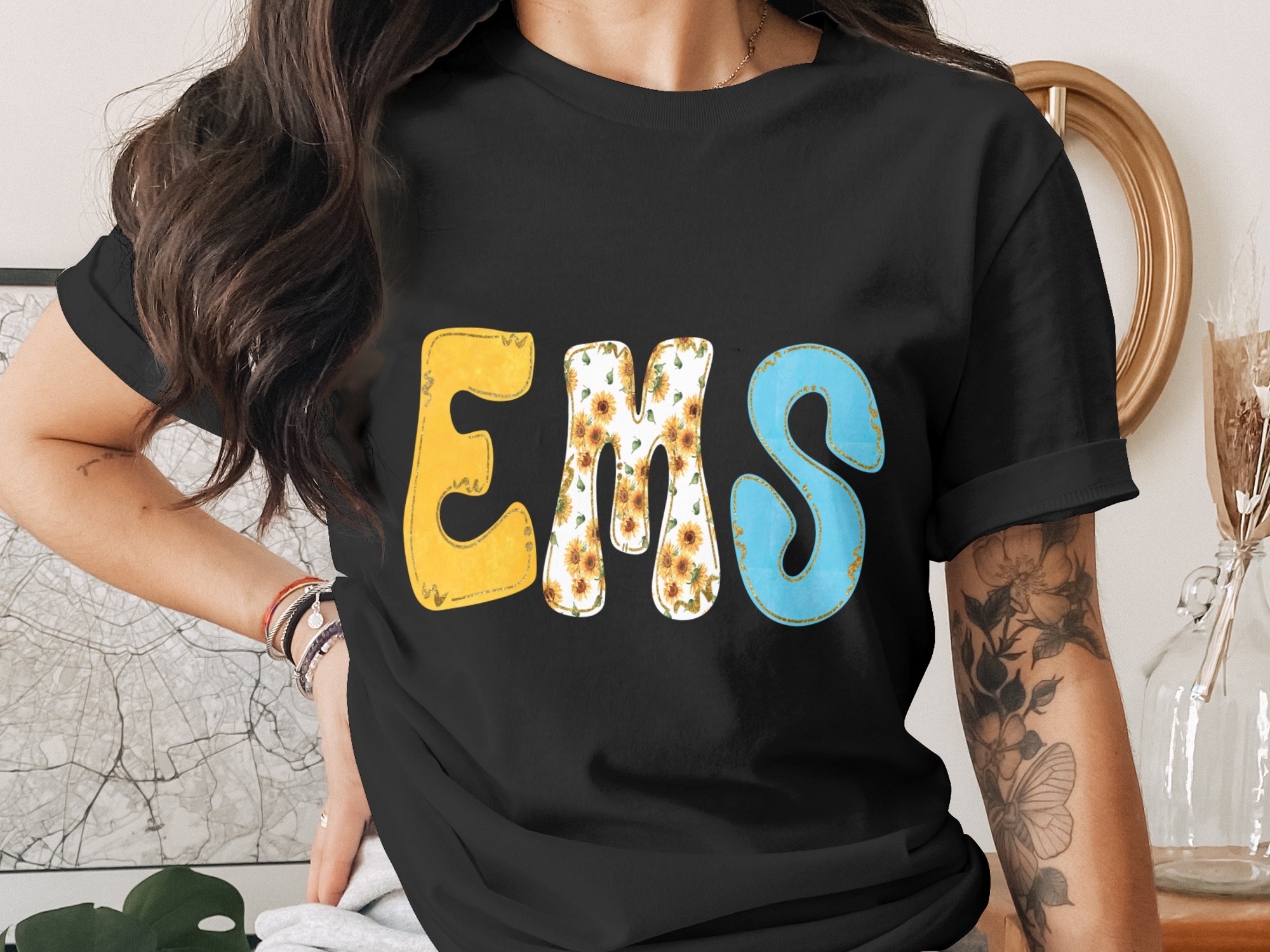 EMS Sunflower Digital Download, Faux Glitter Sublimation Design PNG, EMT Paramedic Healthcare Worker Instant Download File, Medical Hero - Image 2