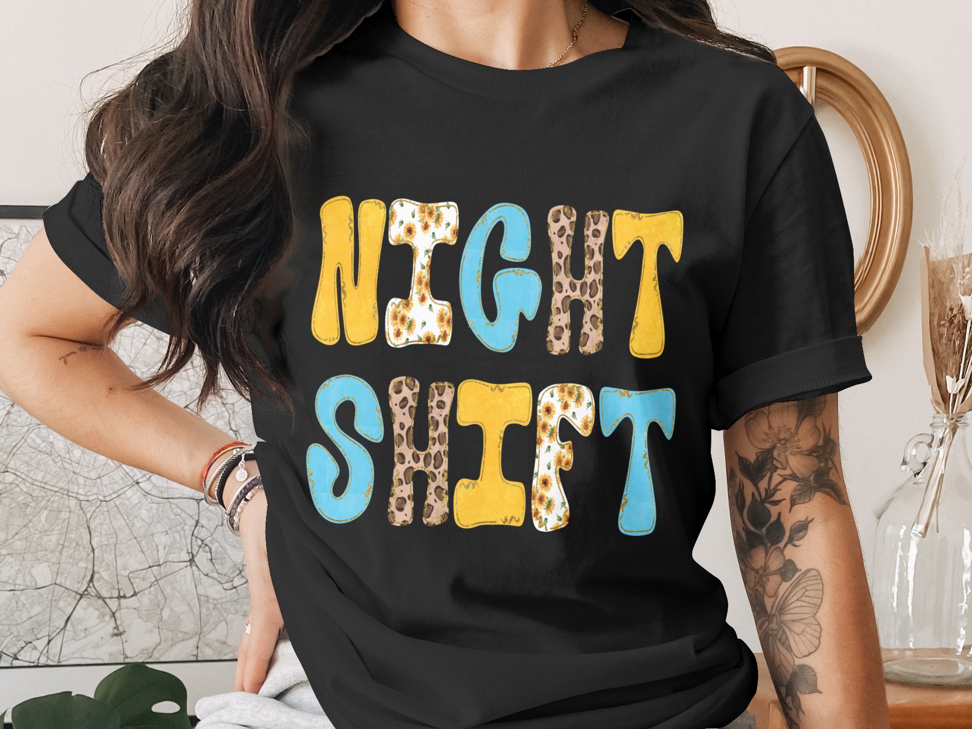 Night Shift SVG PNG Digital Download, Boho Leopard Sunflower Faux Glitter Effect Nurse Healthcare Worker Instant File - Image 2