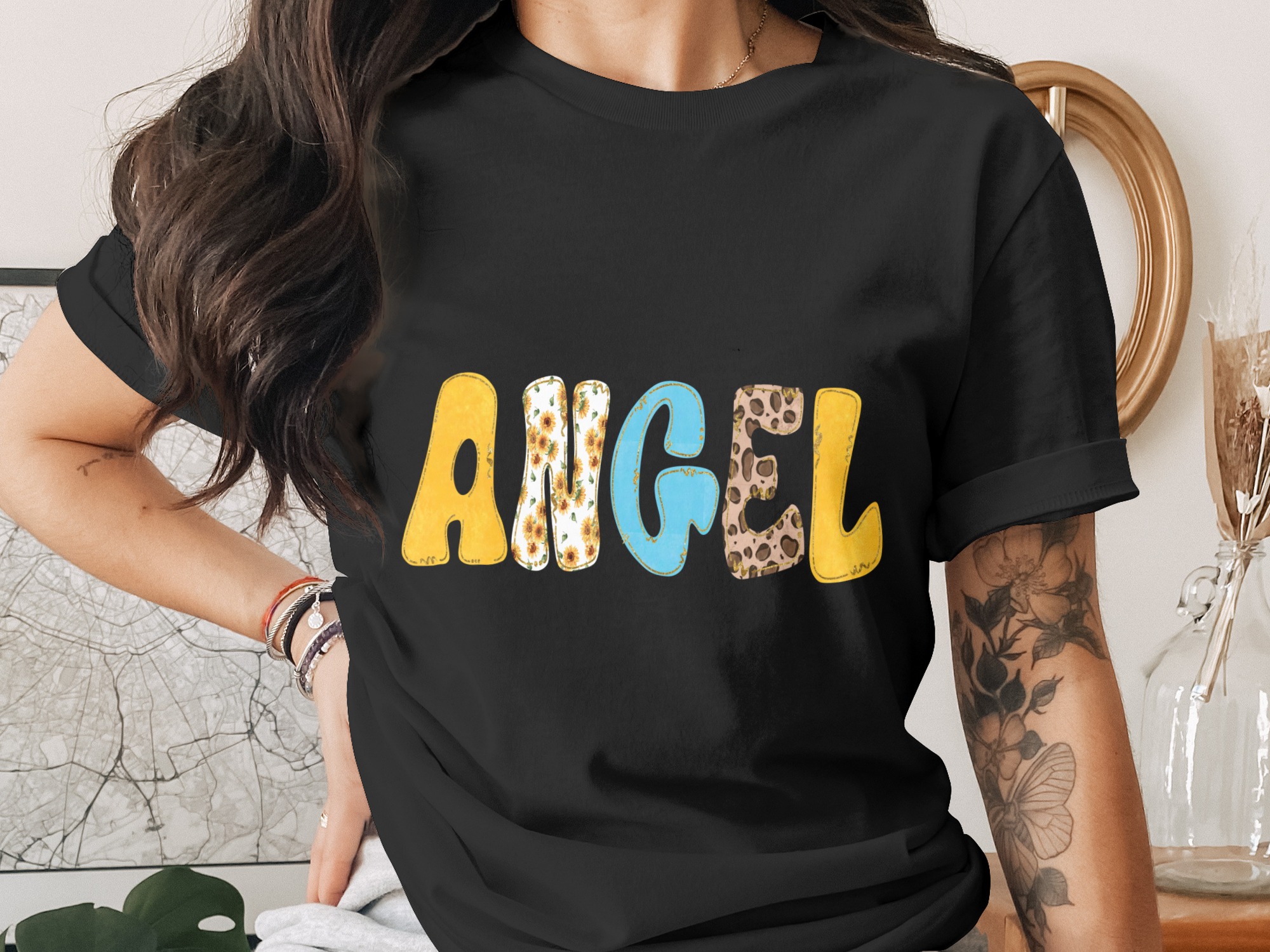 Angel PNG Sublimation Digital File, Sunflower Leopard Print Letters, Boho Nursery Decor Printable Art, Whimsical Baby Name Sign Graphic - Image 2