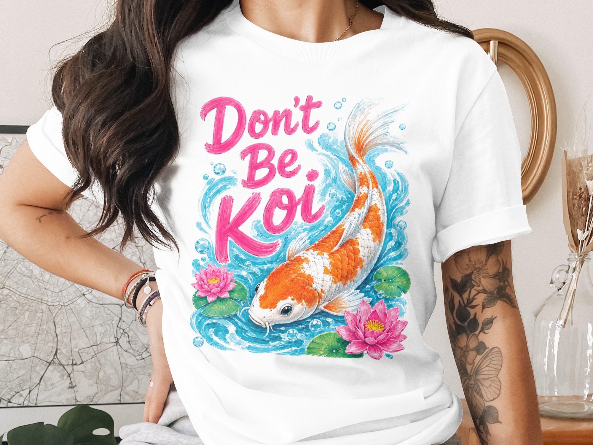 Don't Be Koi Digital Art Print, Motivational Koi Fish Quote, Inspirational Water Lily Wall Decor, Vibrant Asian Style Gift