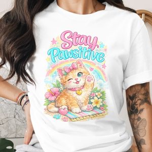 Stay Pawsitive Cute Cat Digital Download, Kawaii Kitten PNG, Cheerful Pet Lover Design, Positive Vibes Rainbow Art for Sublimation, Cat Mom