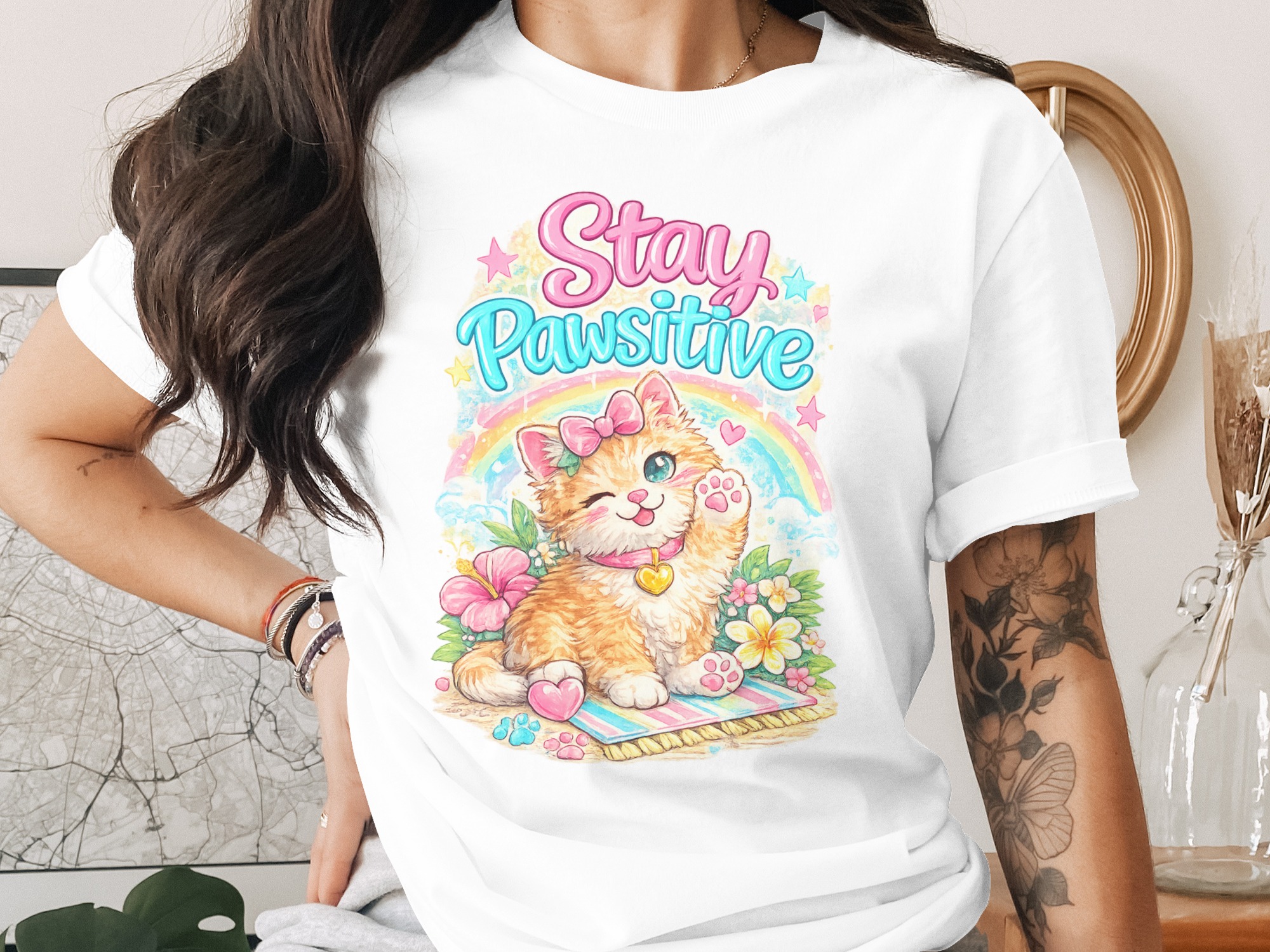 Stay Pawsitive Cute Cat Digital Download, Kawaii Kitten PNG, Cheerful Pet Lover Design, Positive Vibes Rainbow Art for Sublimation, Cat Mom