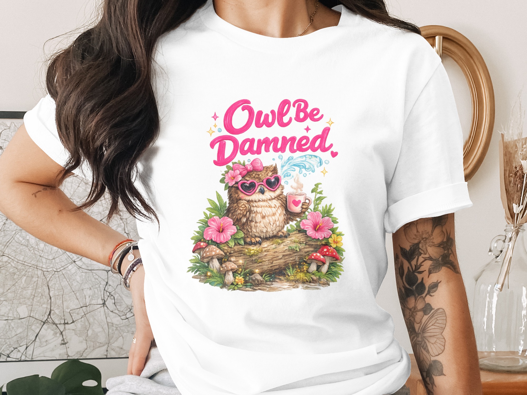 Funny Owl Digital Design PNG, 'Owl Be Damned' Sarcastic Woodland Coffee Art Clipart, Cute Animal Lover Gift Printable