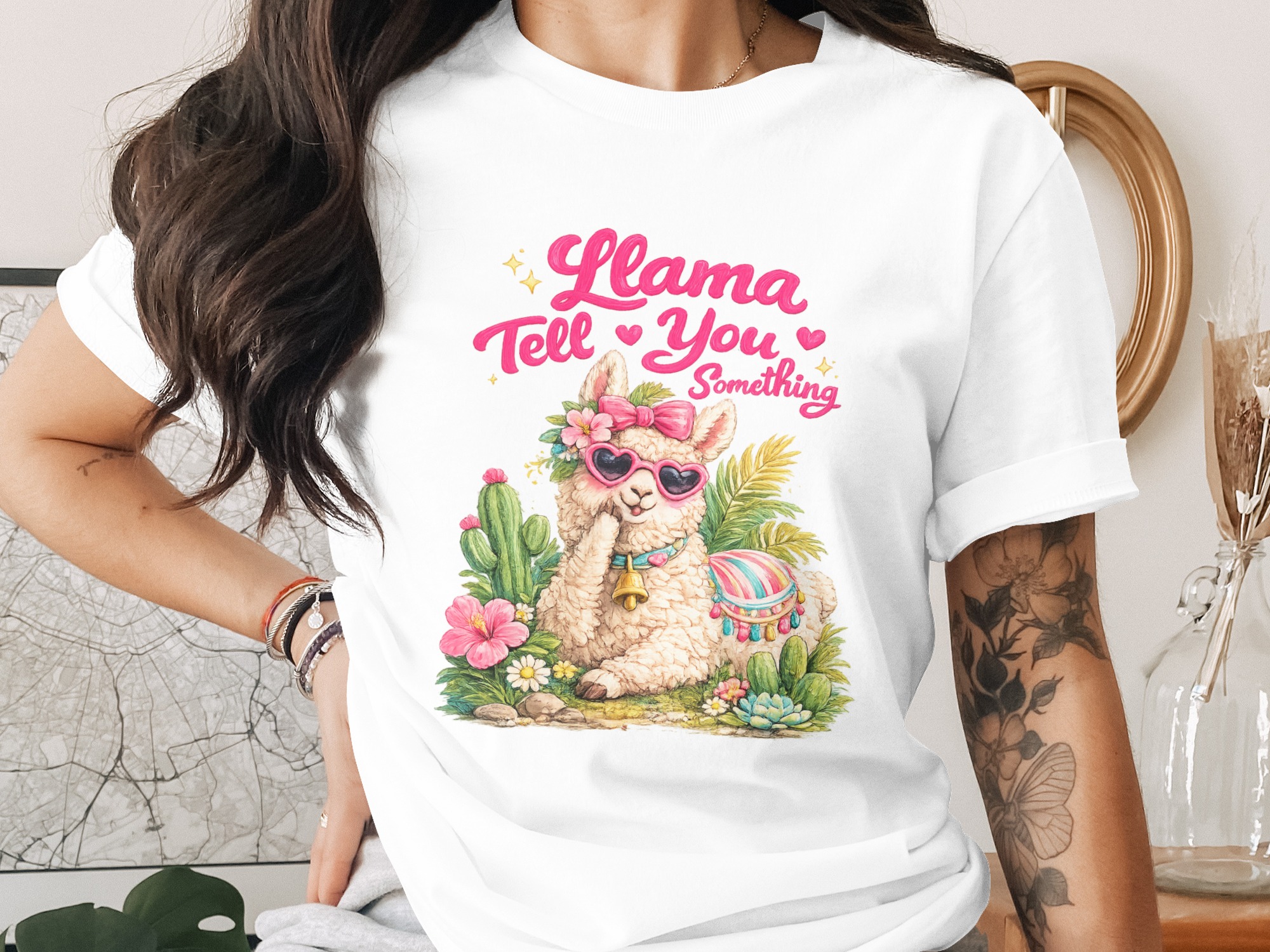 Llama Tell You Something PNG Digital Download | Cute Watercolor Llama Sublimation Design with Heart Sunglasses & Floral Accents, Printable