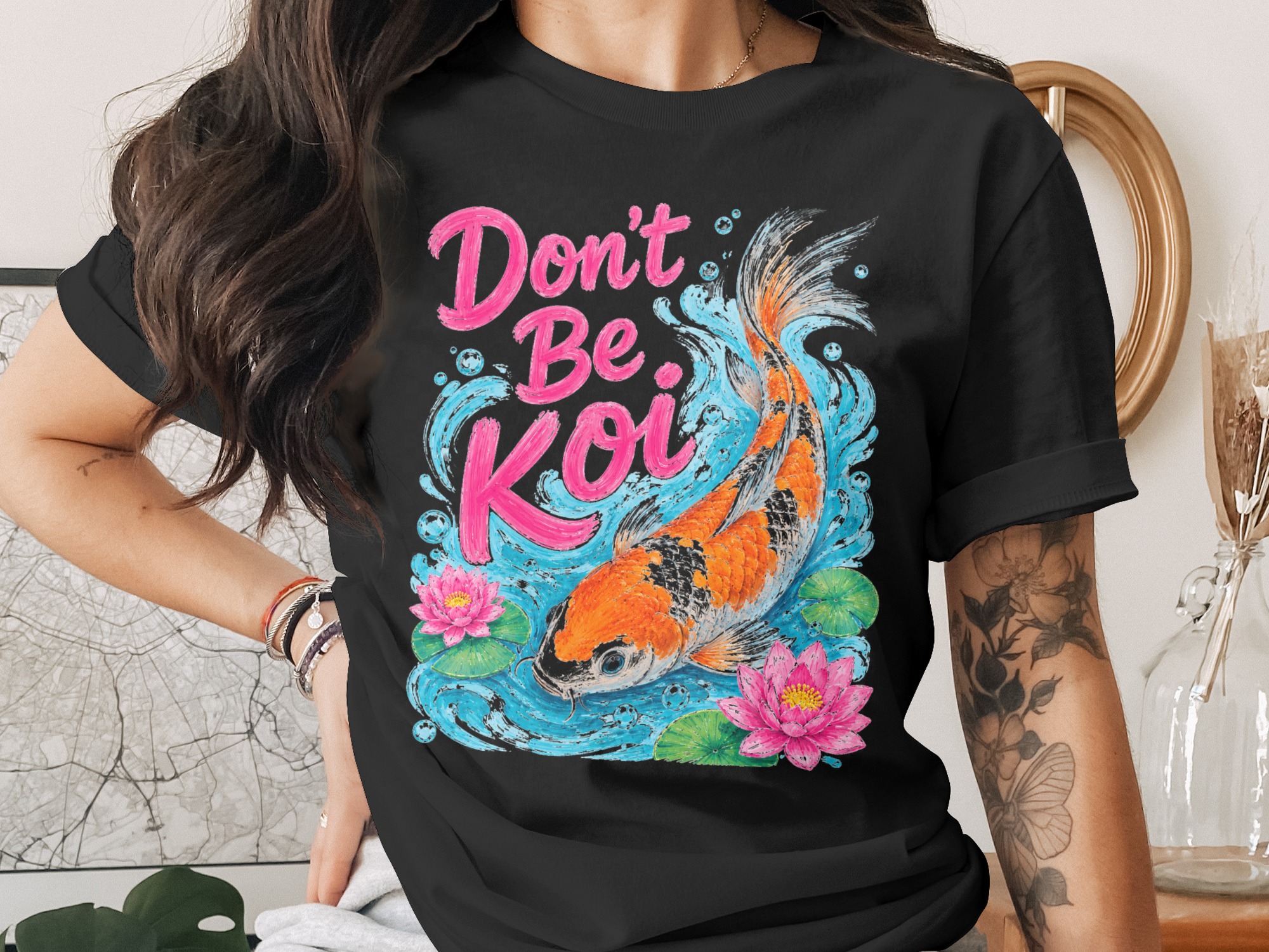 Don't Be Koi Digital Art Print, Motivational Koi Fish Quote, Inspirational Water Lily Wall Decor, Vibrant Asian Style Gift - Image 2