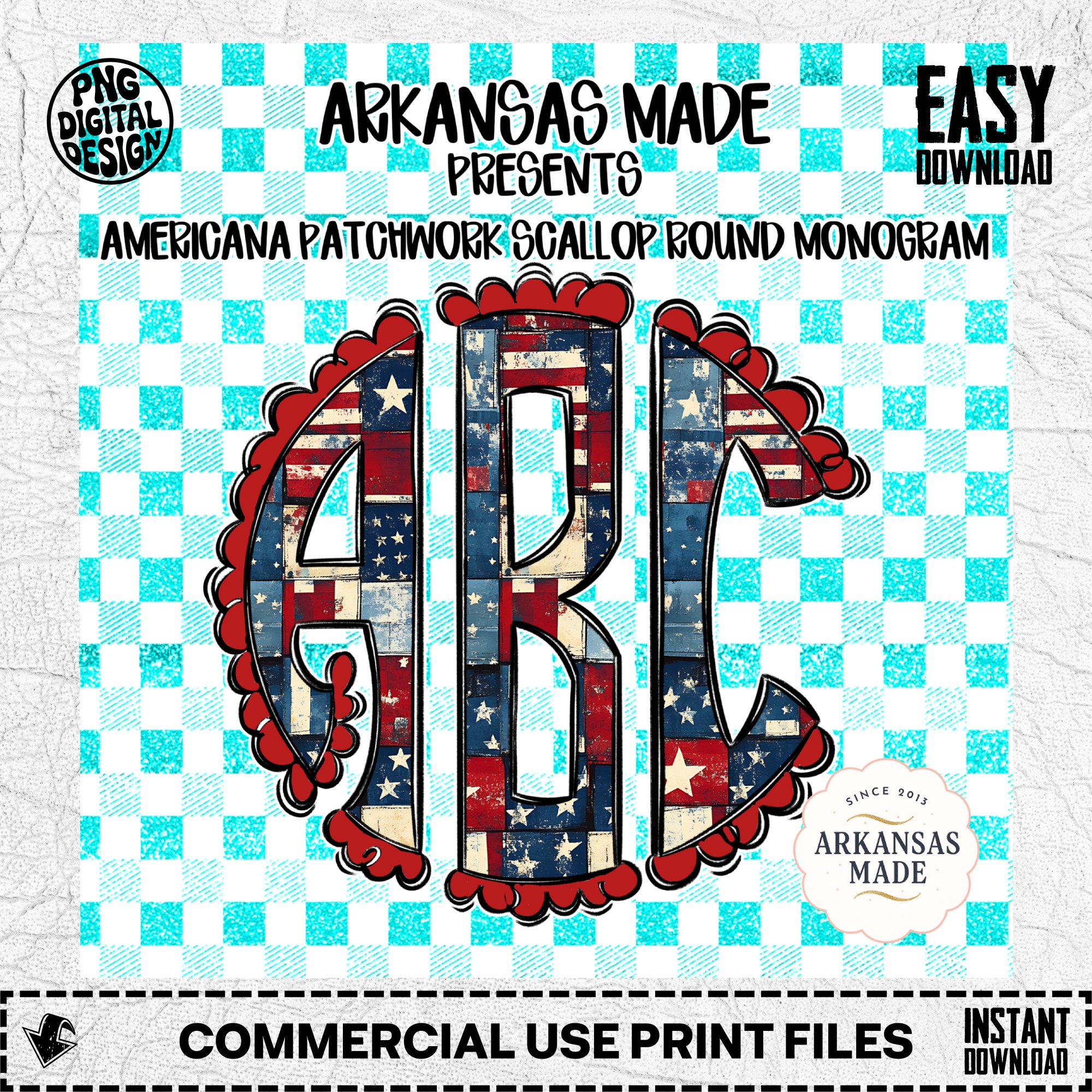 Americana Patchwork Scallop Round Monogram Alpha PNGs, Distressed Patriotic Flag Letters, 4th of July Sublimation Design, Digital Download - Image 2