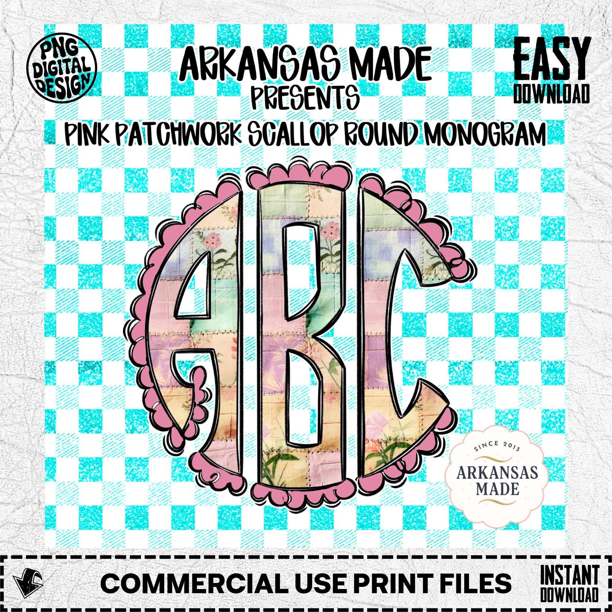 Pink Patchwork Scallop Round Monogram Alpha PNGs | Shabby Chic Floral Letters Sublimation Design | Vintage Style Personalized Craft Supply - Image 2