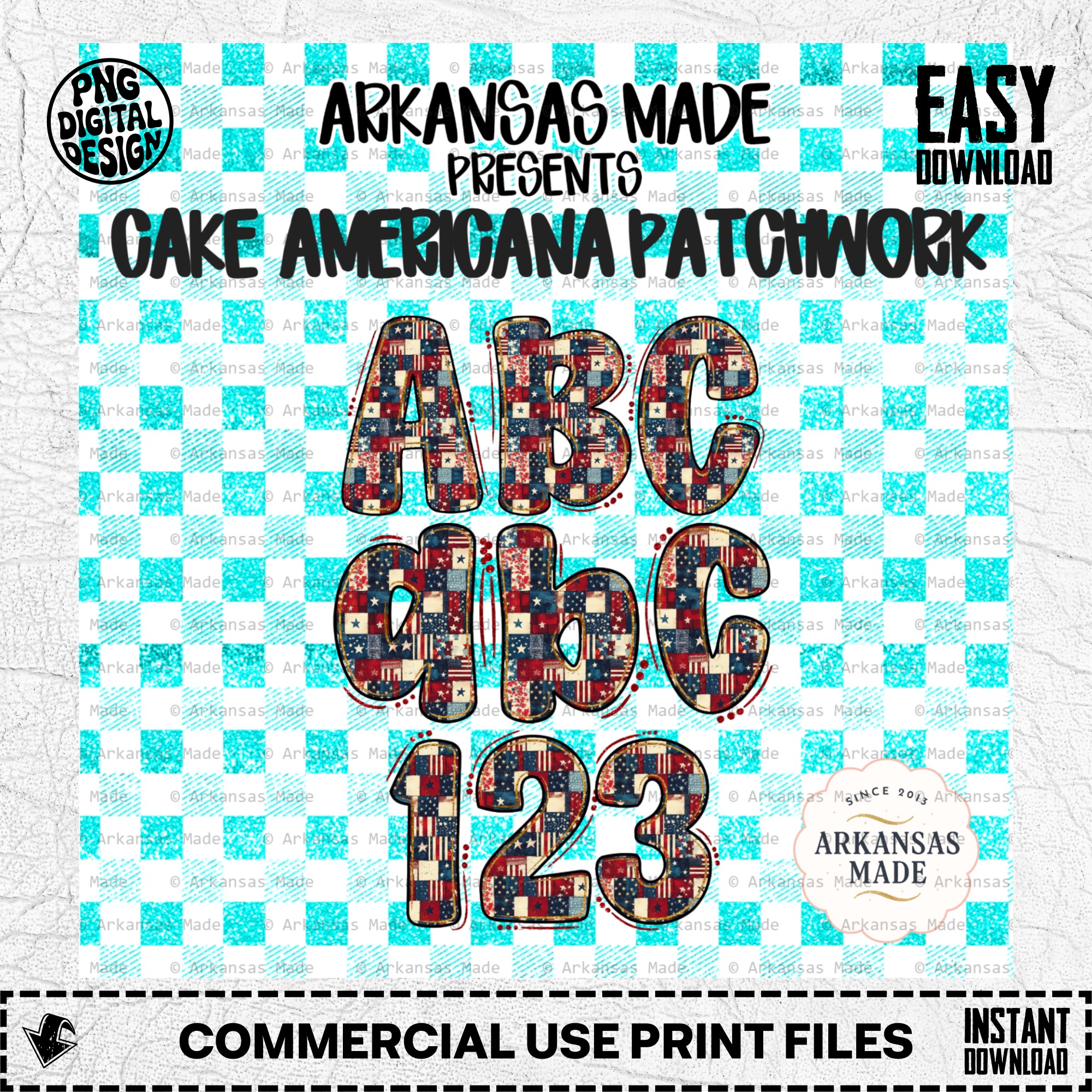 Cake Americana Patchwork Alphabet PNGs | Patriotic Bubbly Letters Numbers Sublimation Digital Download | July 4th Vintage USA Flag Craft - Image 2
