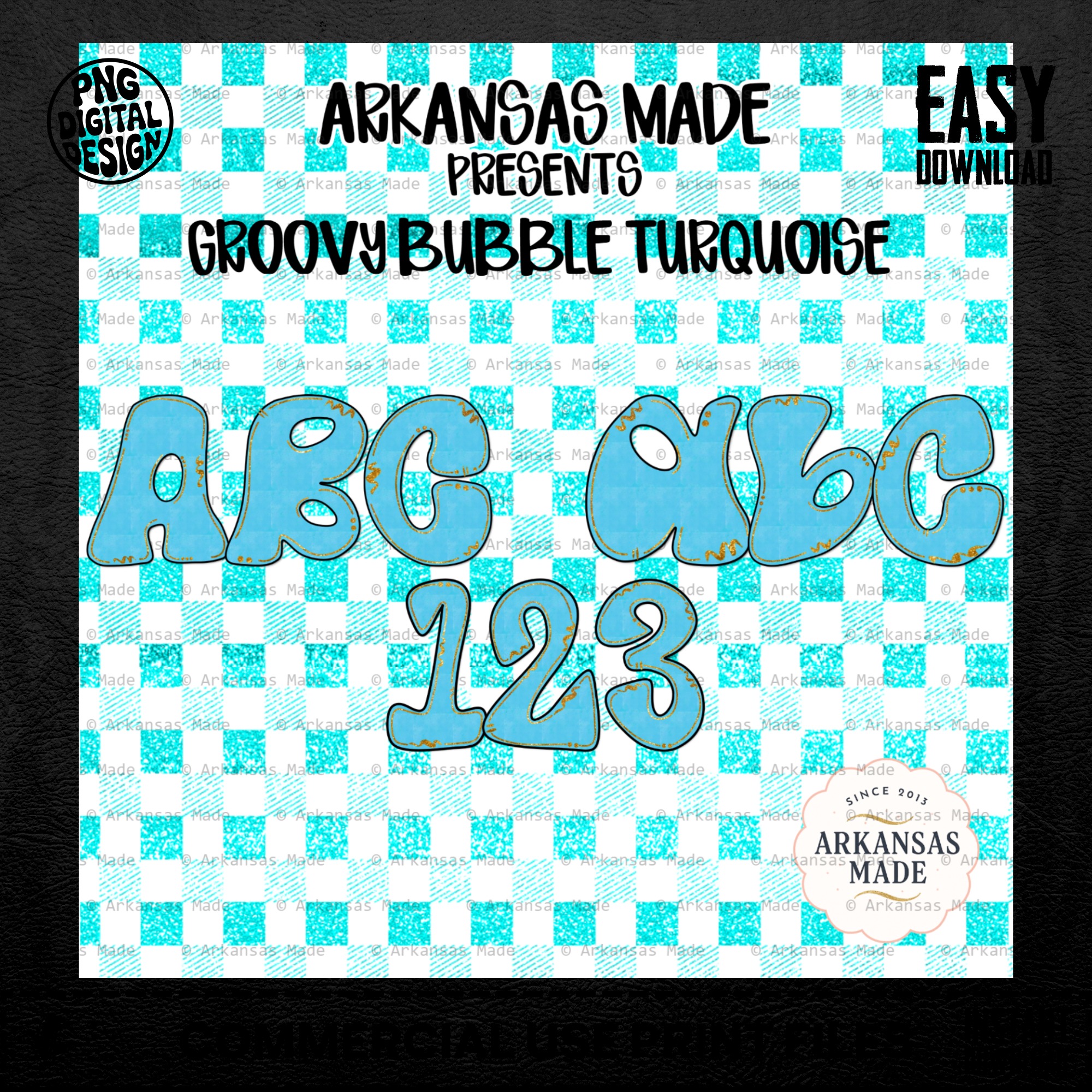 Groovy Bubble Turquoise Alphabet PNG, Retro Letters & Numbers Set, Faux Gold Glitter Distressed Digital Alpha PNGs for Sublimation & Crafts - Image 3