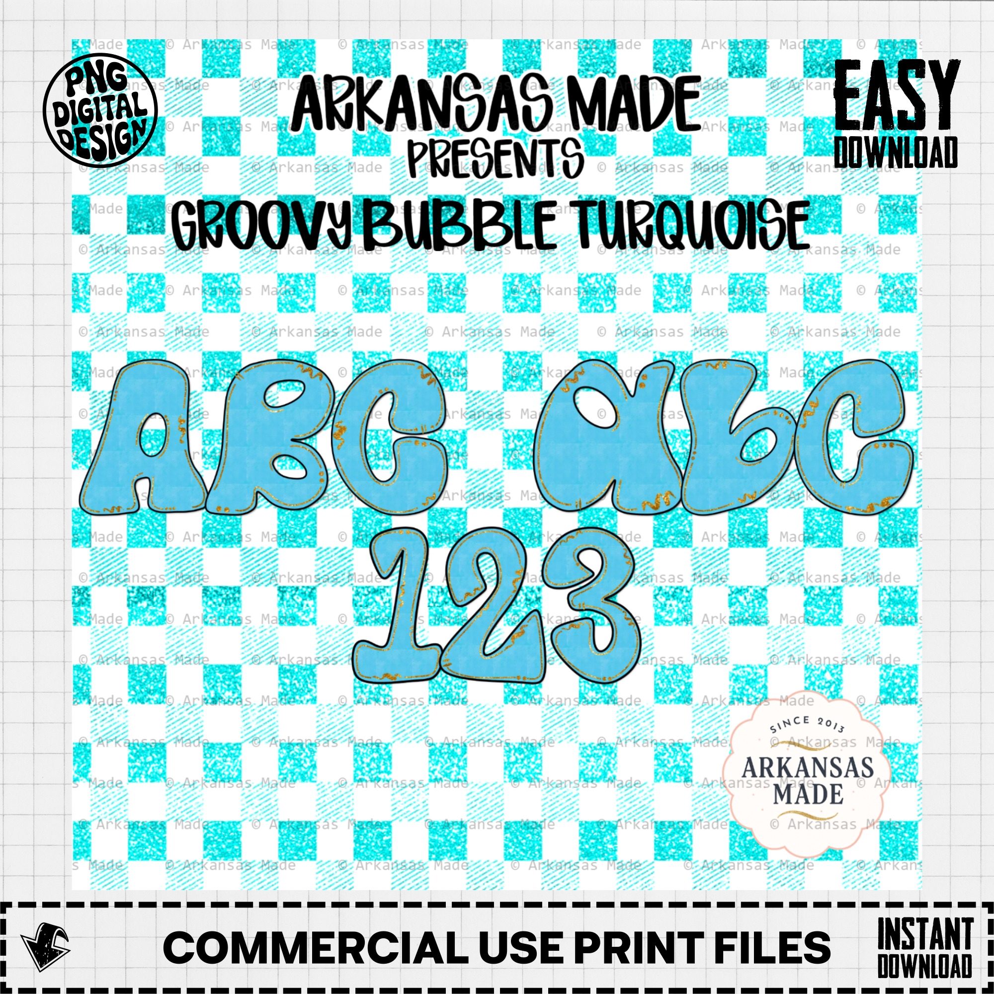 Groovy Bubble Turquoise Alphabet PNG, Retro Letters & Numbers Set, Faux Gold Glitter Distressed Digital Alpha PNGs for Sublimation & Crafts - Image 2