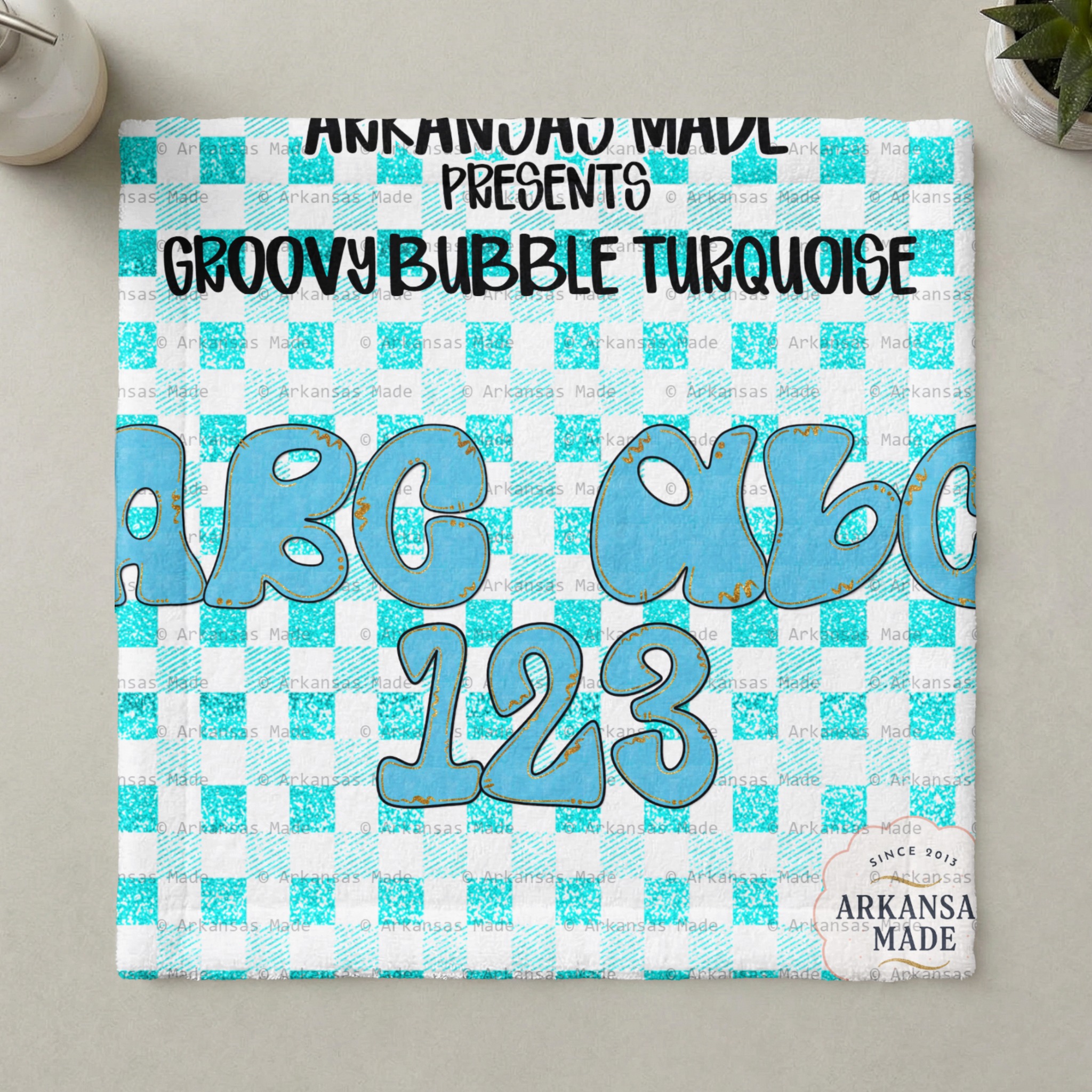 Groovy Bubble Turquoise Alphabet PNG, Retro Letters & Numbers Set, Faux Gold Glitter Distressed Digital Alpha PNGs for Sublimation & Crafts - Image 4