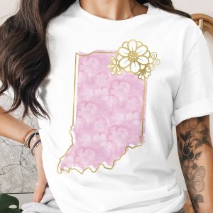 Pink Watercolor Indiana T-Shirt Faux Gold Floral State Outline Tee, Aesthetic Women's Top, Hoosier Pride Gift for Her, Indiana Souvenir