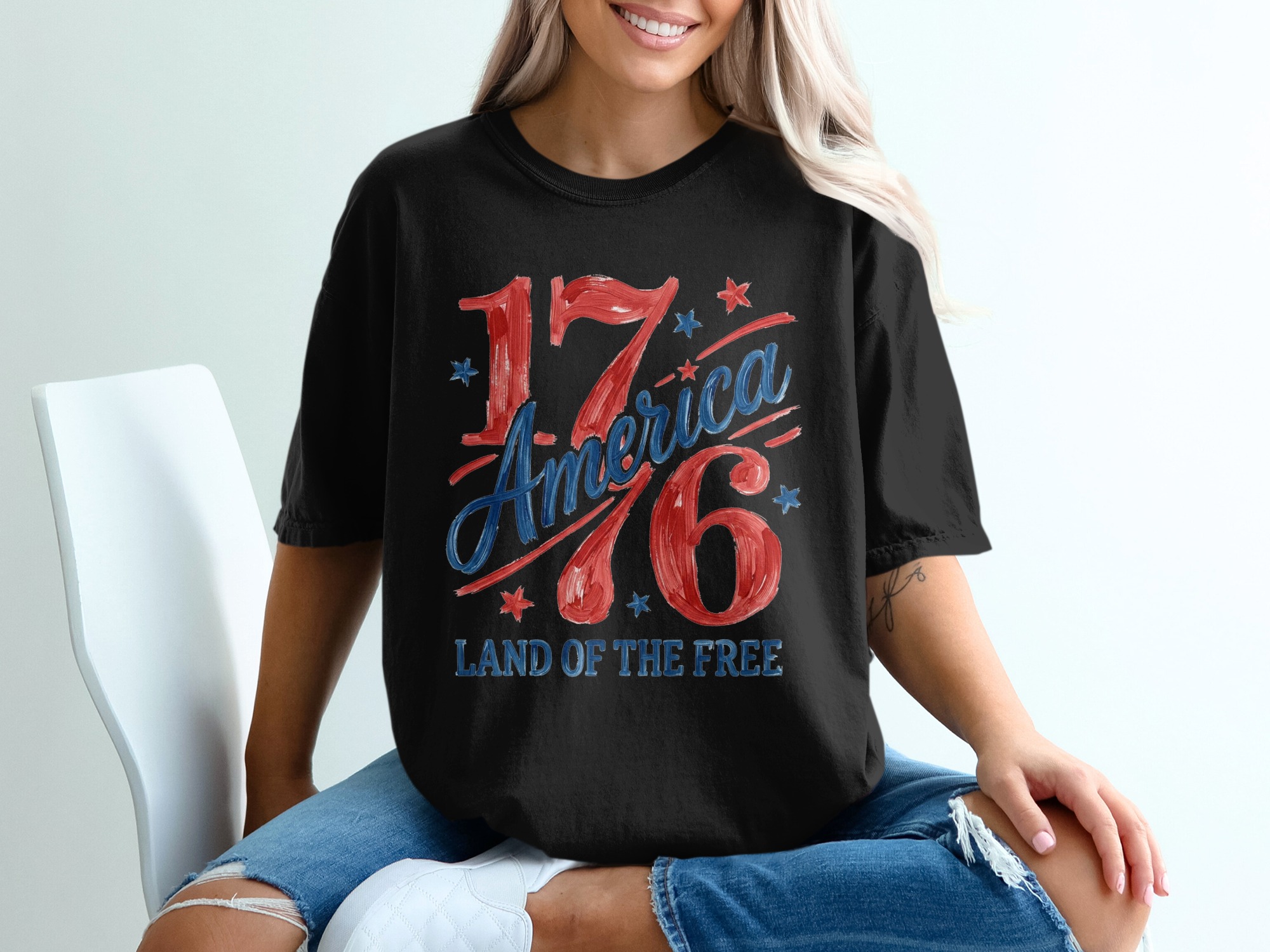 1776 America Land of the Free Patriotic T-Shirt, Distressed American Flag Tee, Fourth of July Shirt Gift, Vintage Brushstroke Design - Image 5