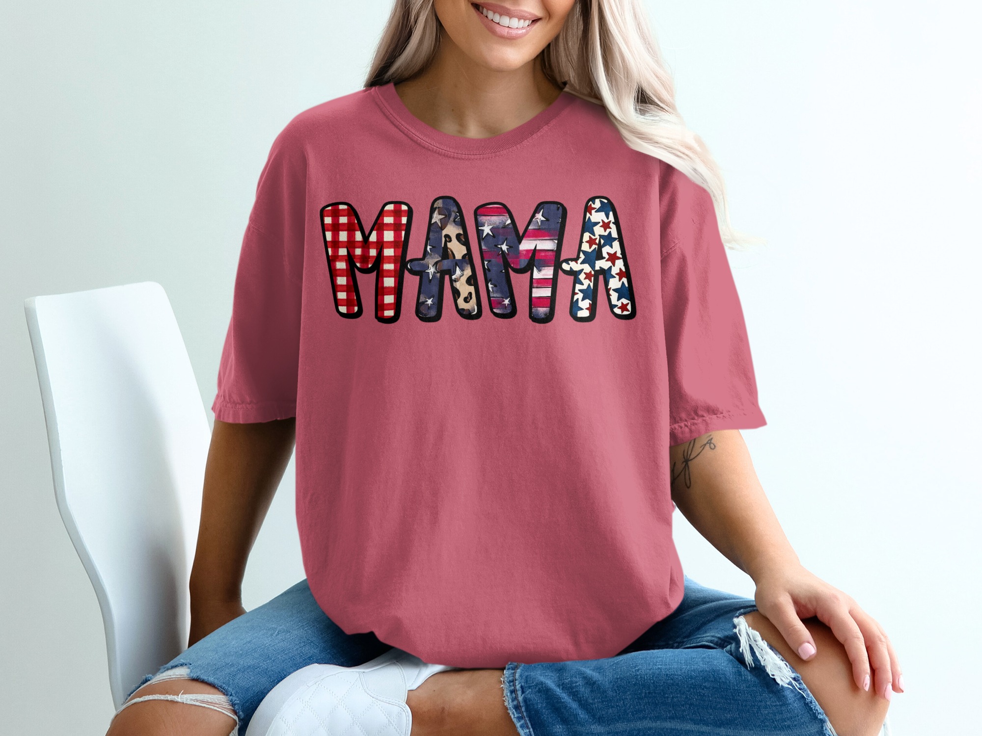 Patriotic Mama T-Shirt, American Flag Gingham Leopard Print Mom Life Tee, Distressed USA Stars Fourth of July Gift - Image 15