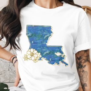 Louisiana T-Shirt, Watercolor State Outline Tee with Faux Gold Floral Details, Bayou Chic LA Pride Gift for Her